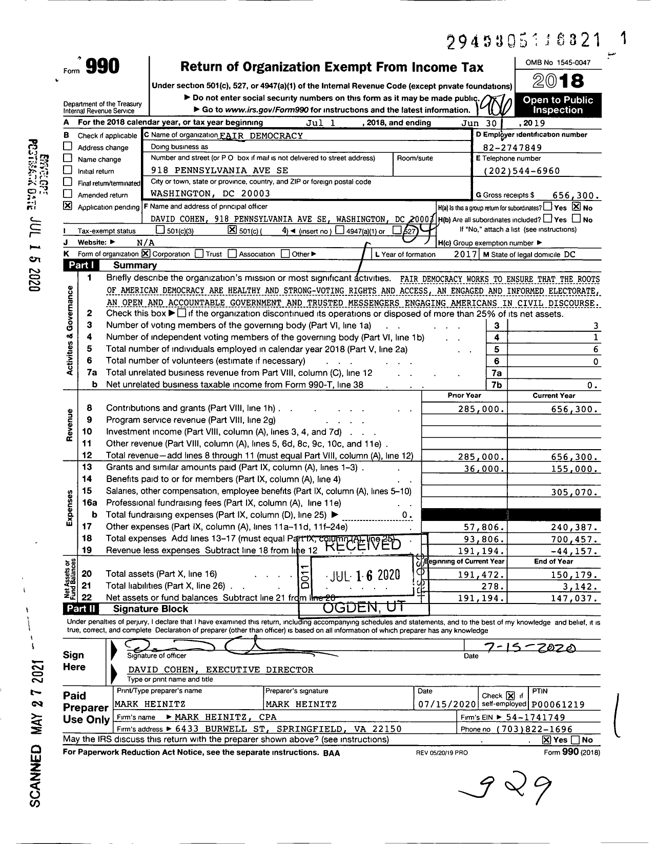 Image of first page of 2018 Form 990O for Forward Majority Fund