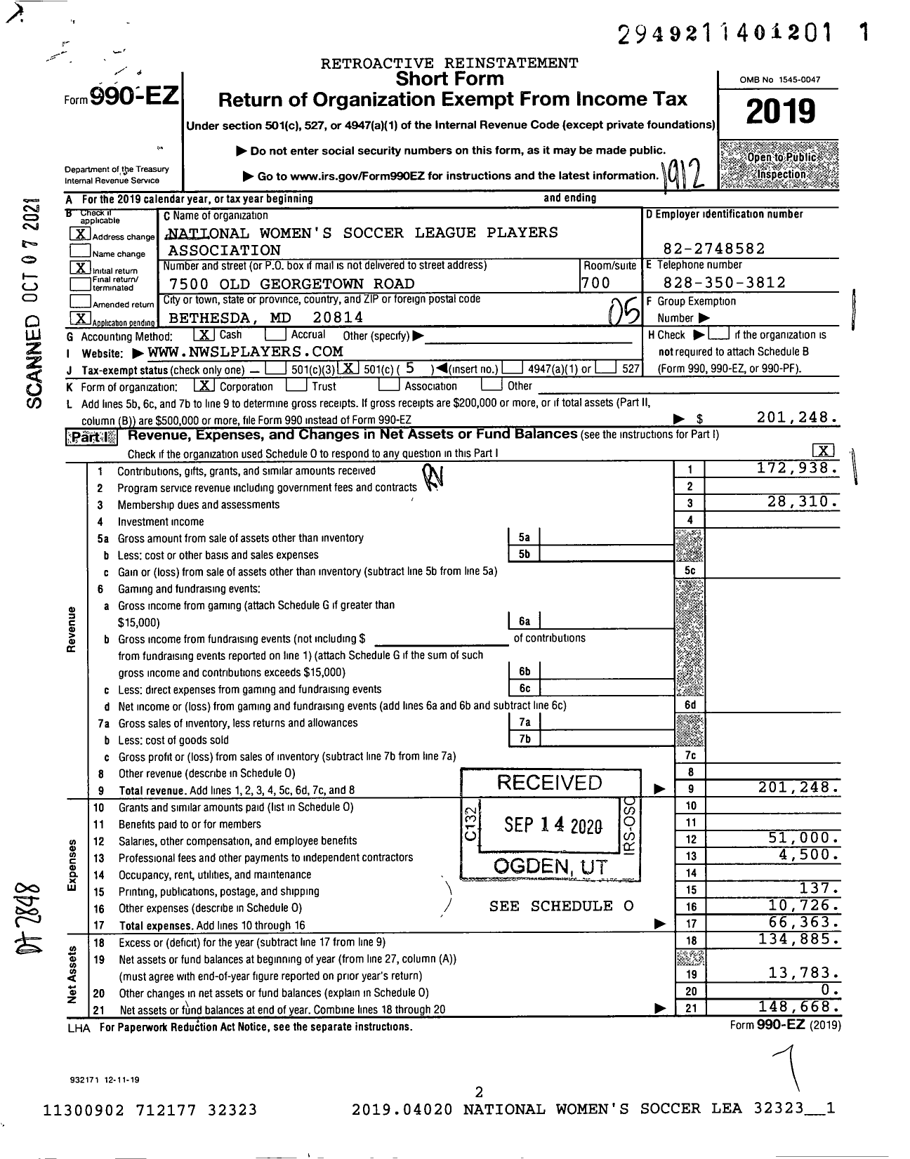 Image of first page of 2019 Form 990EO for National Women's Soccer League Players Association