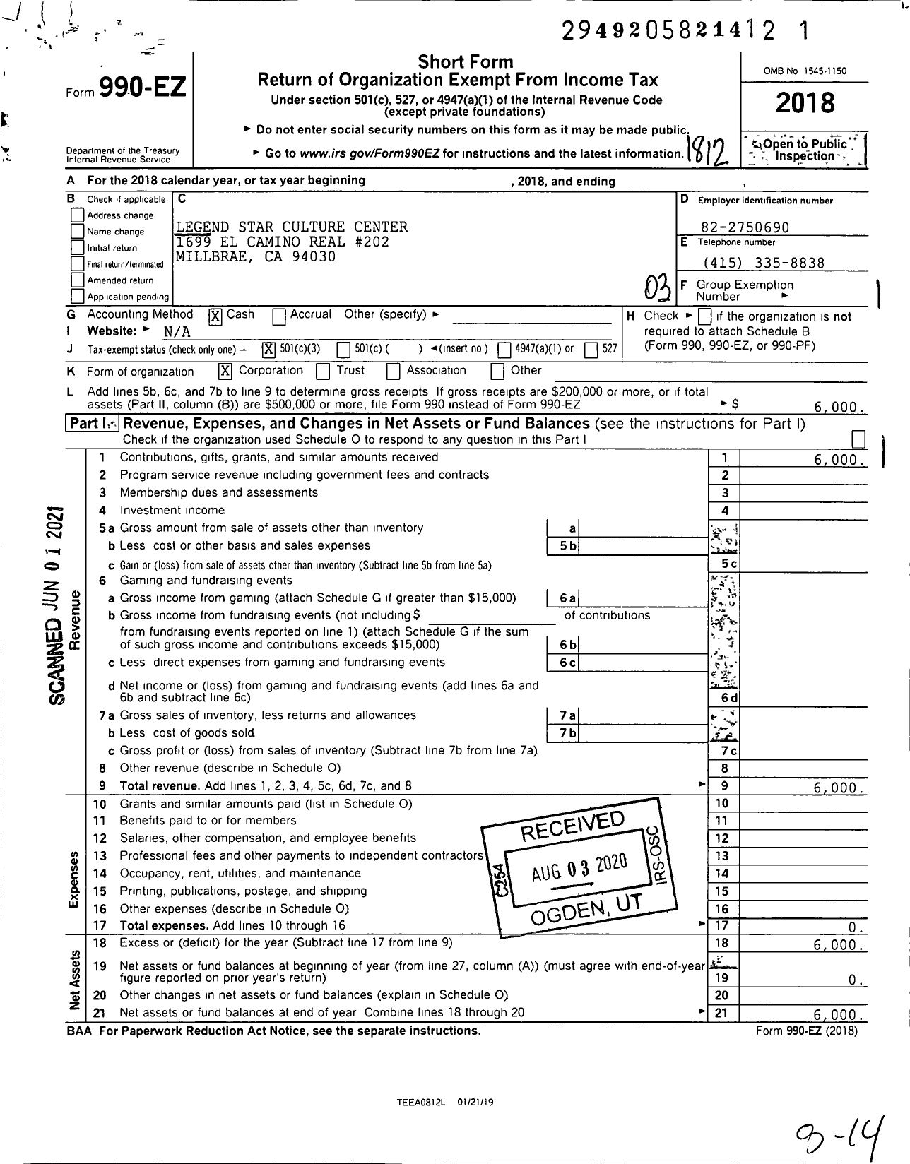 Image of first page of 2018 Form 990EZ for Legend Star Culture Center