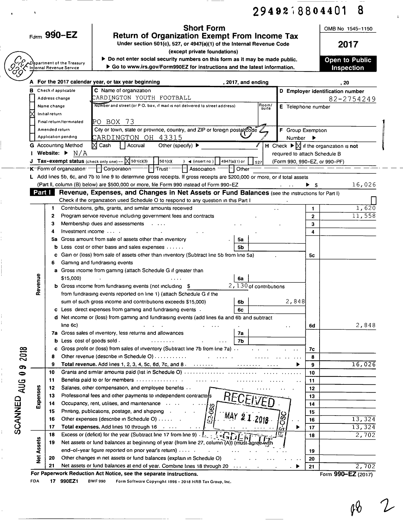 Image of first page of 2017 Form 990EZ for Cardington Youth Football