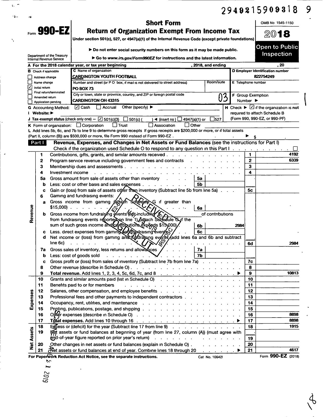 Image of first page of 2018 Form 990EZ for Cardington Youth Football