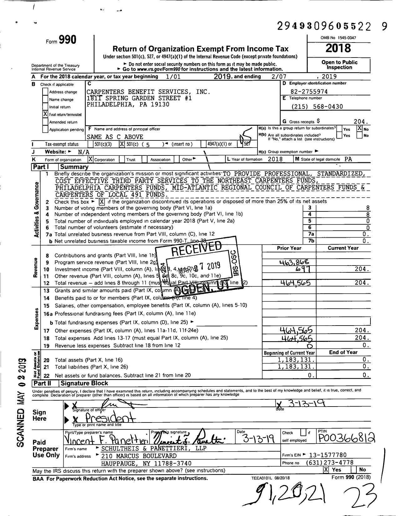 Image of first page of 2018 Form 990O for Carpenters Benefit Services