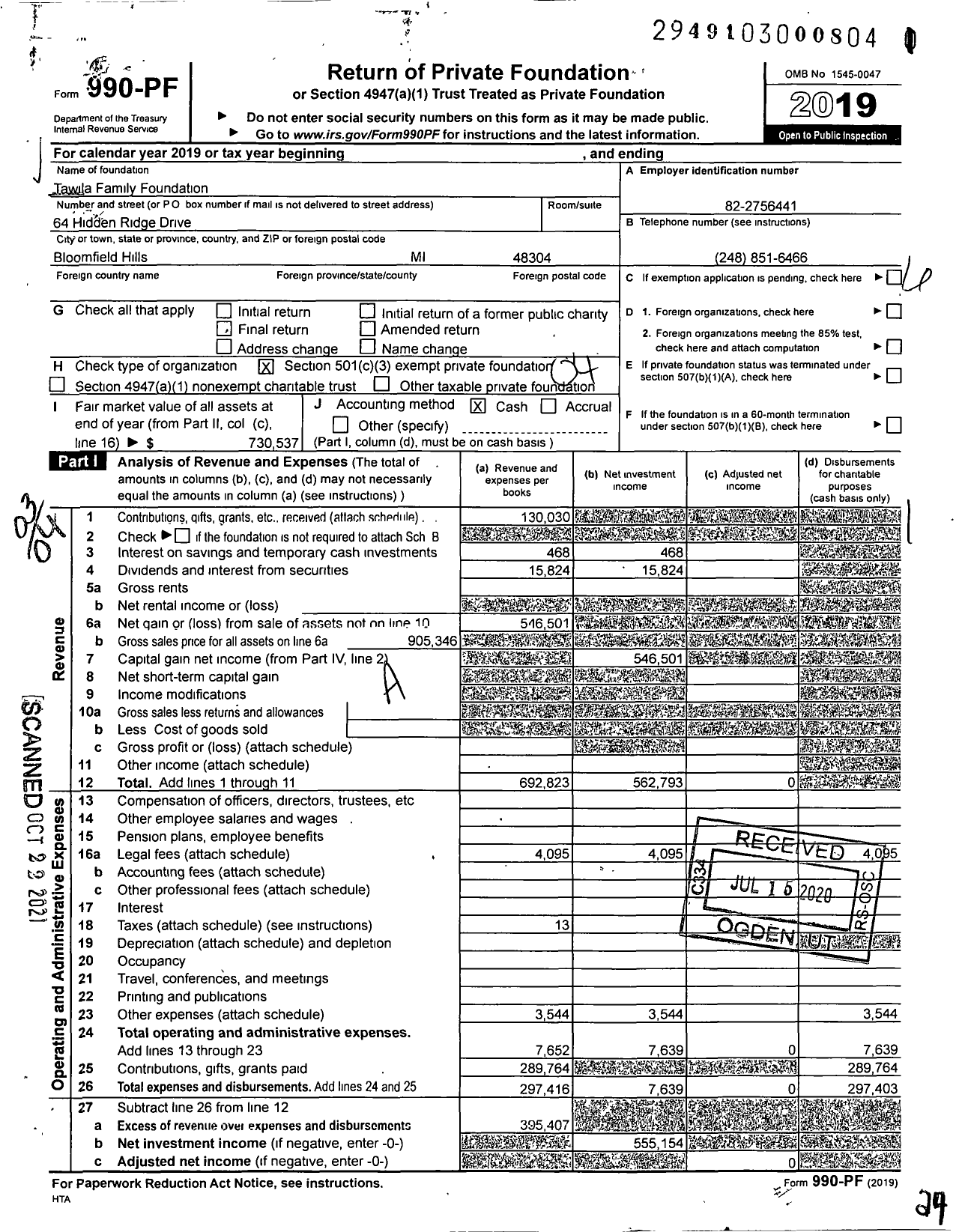 Image of first page of 2019 Form 990PF for Tawila Family Foundation