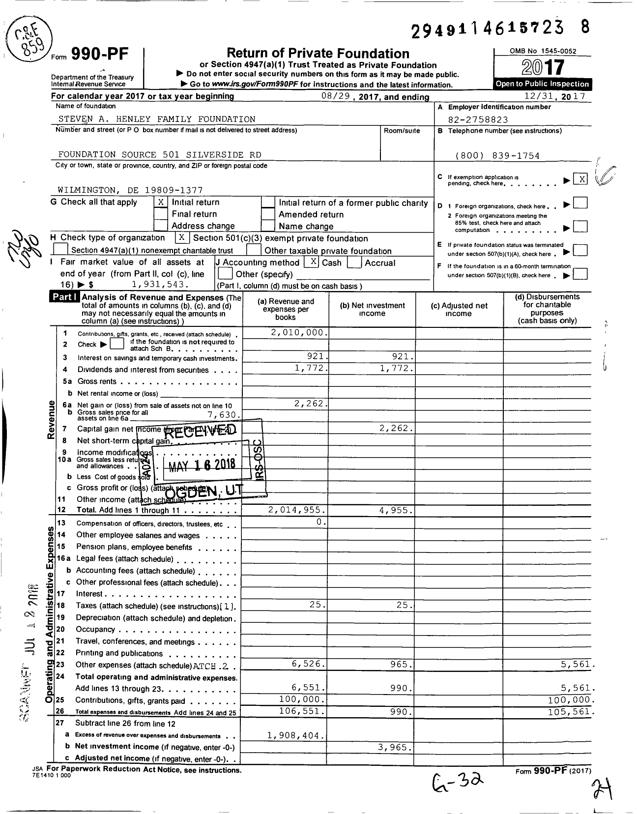 Image of first page of 2017 Form 990PF for Steven A Henley Family Foundation