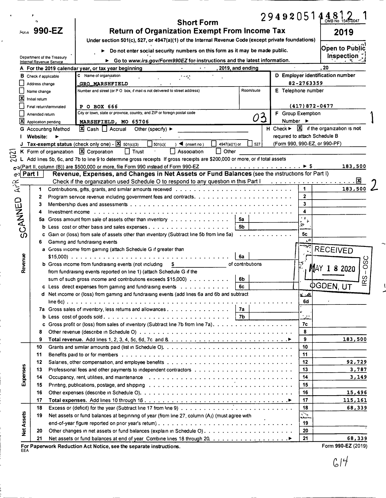 Image of first page of 2019 Form 990EZ for Gro Marshfield