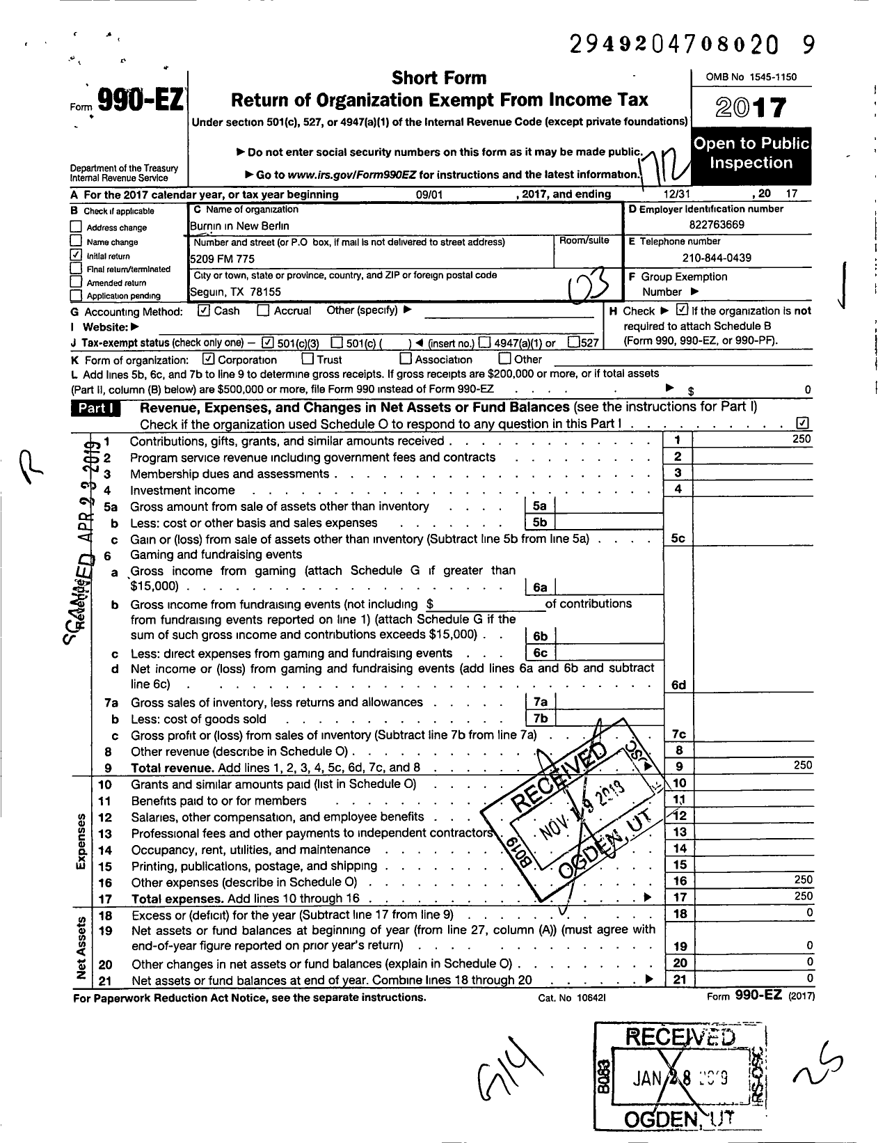 Image of first page of 2017 Form 990EZ for Burnin in New Berlin