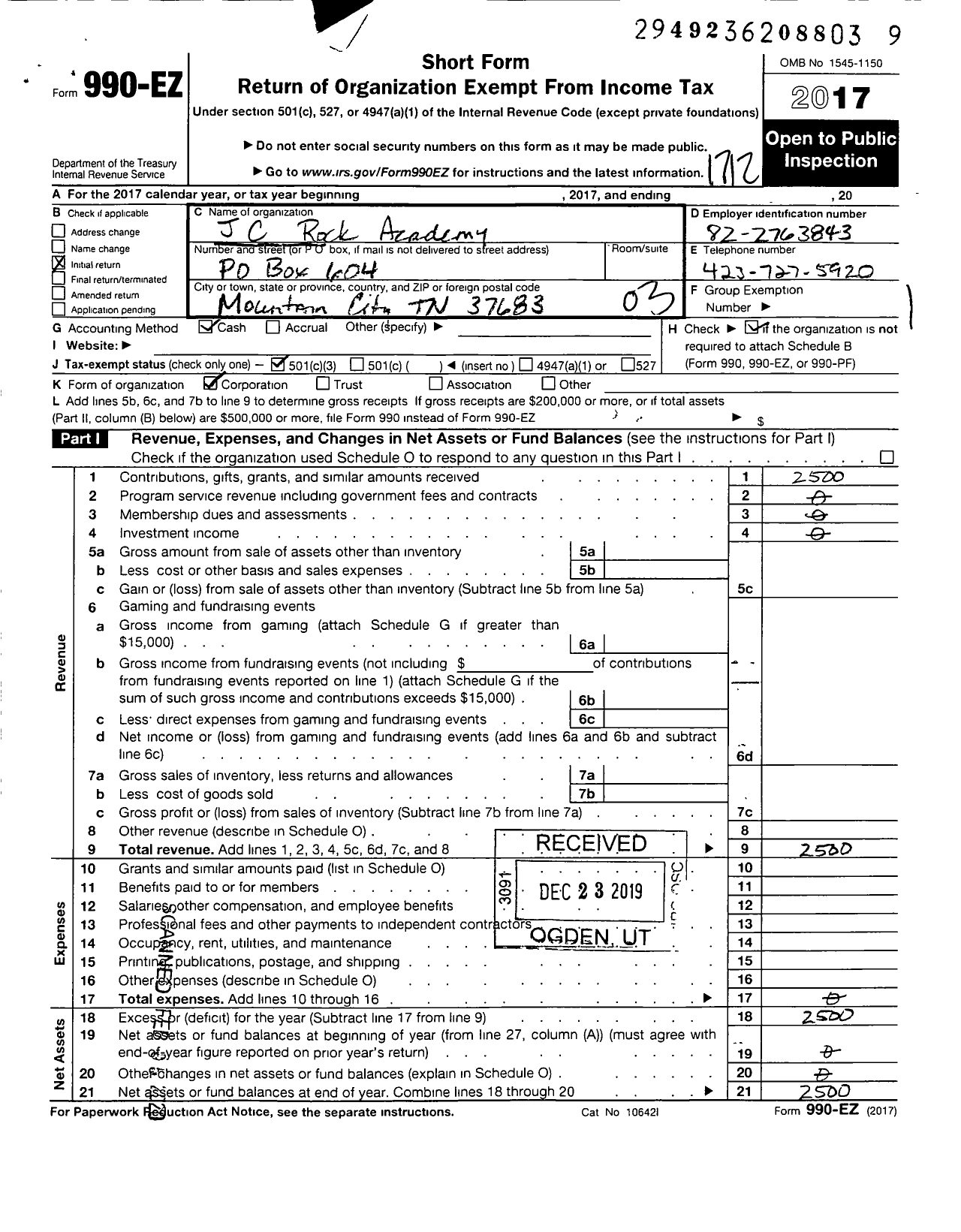 Image of first page of 2017 Form 990EZ for JC Rock Academy