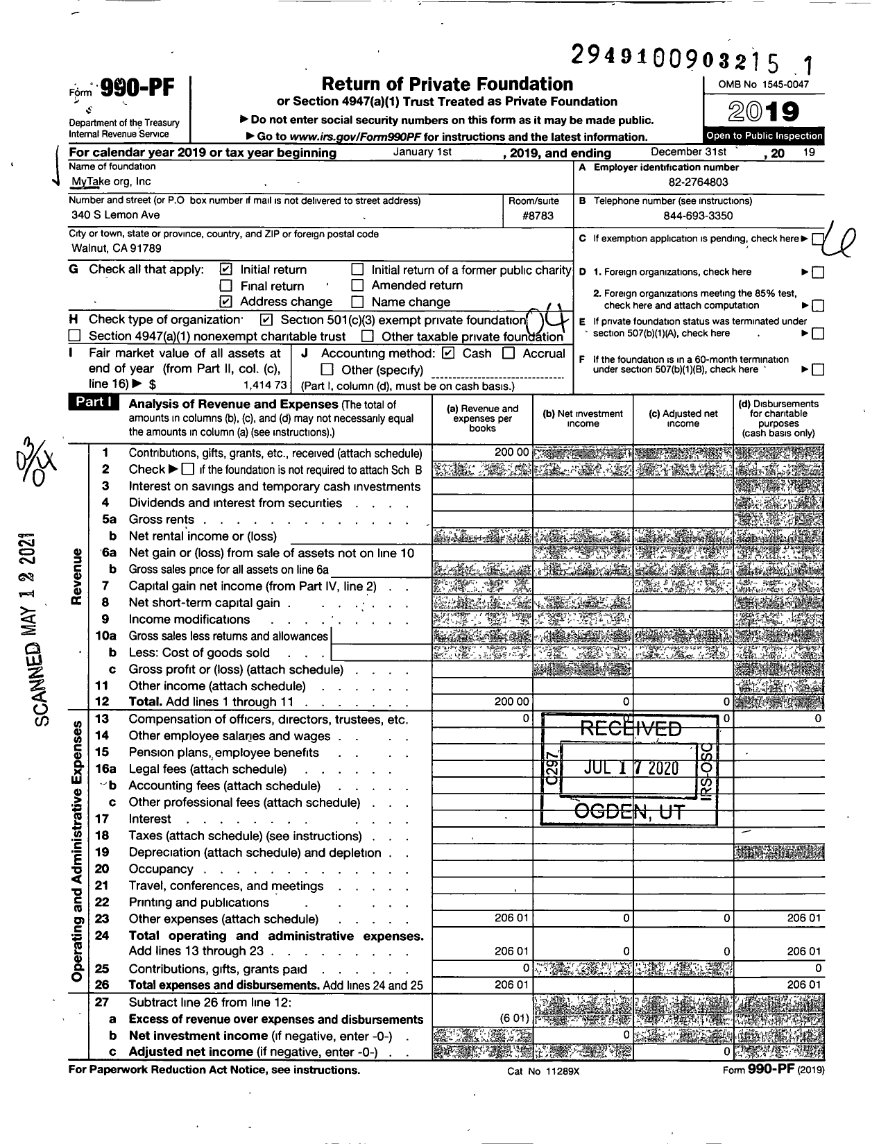 Image of first page of 2019 Form 990PF for MyTakeorg