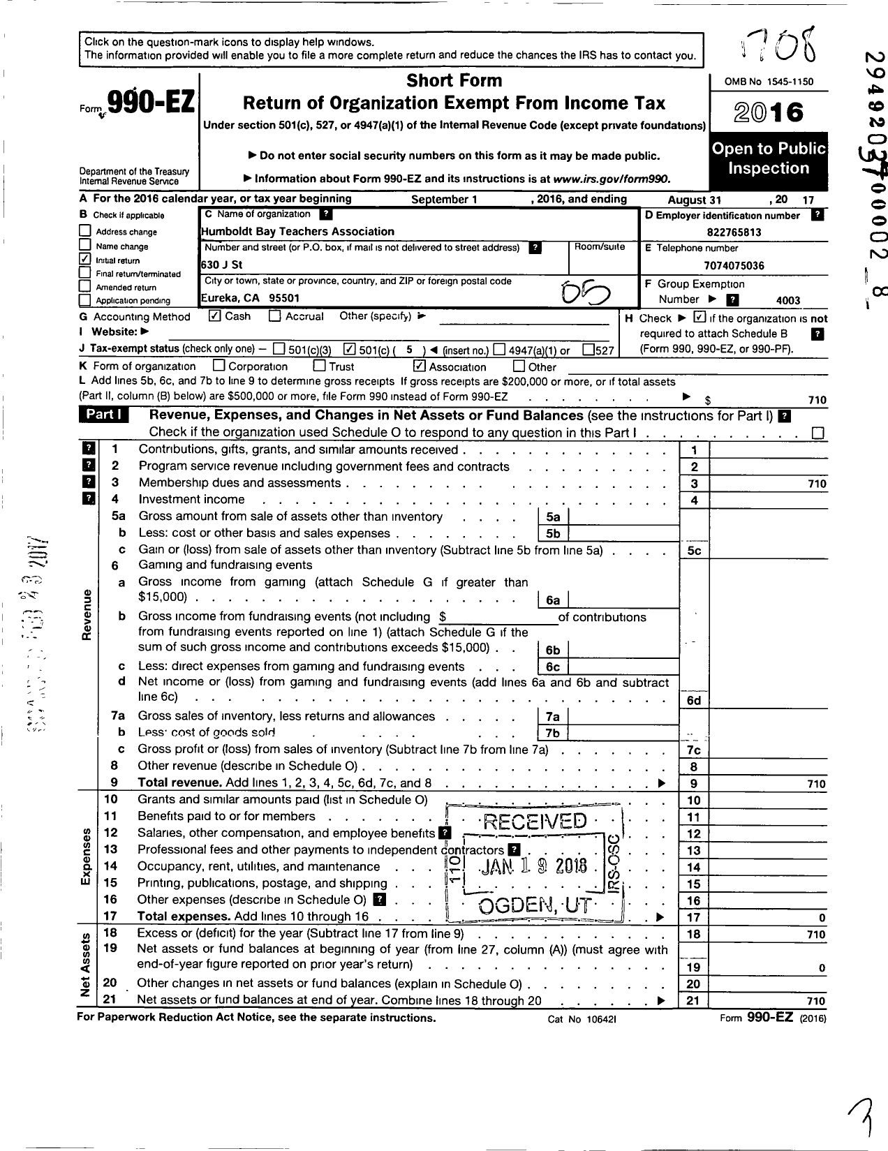 Image of first page of 2016 Form 990EO for California Teachers Association - Humboldt Bay TCHRS Assn