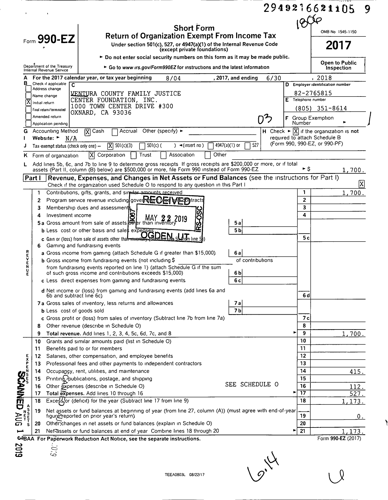 Image of first page of 2017 Form 990EZ for Ventura County Family Justice Center Foundation