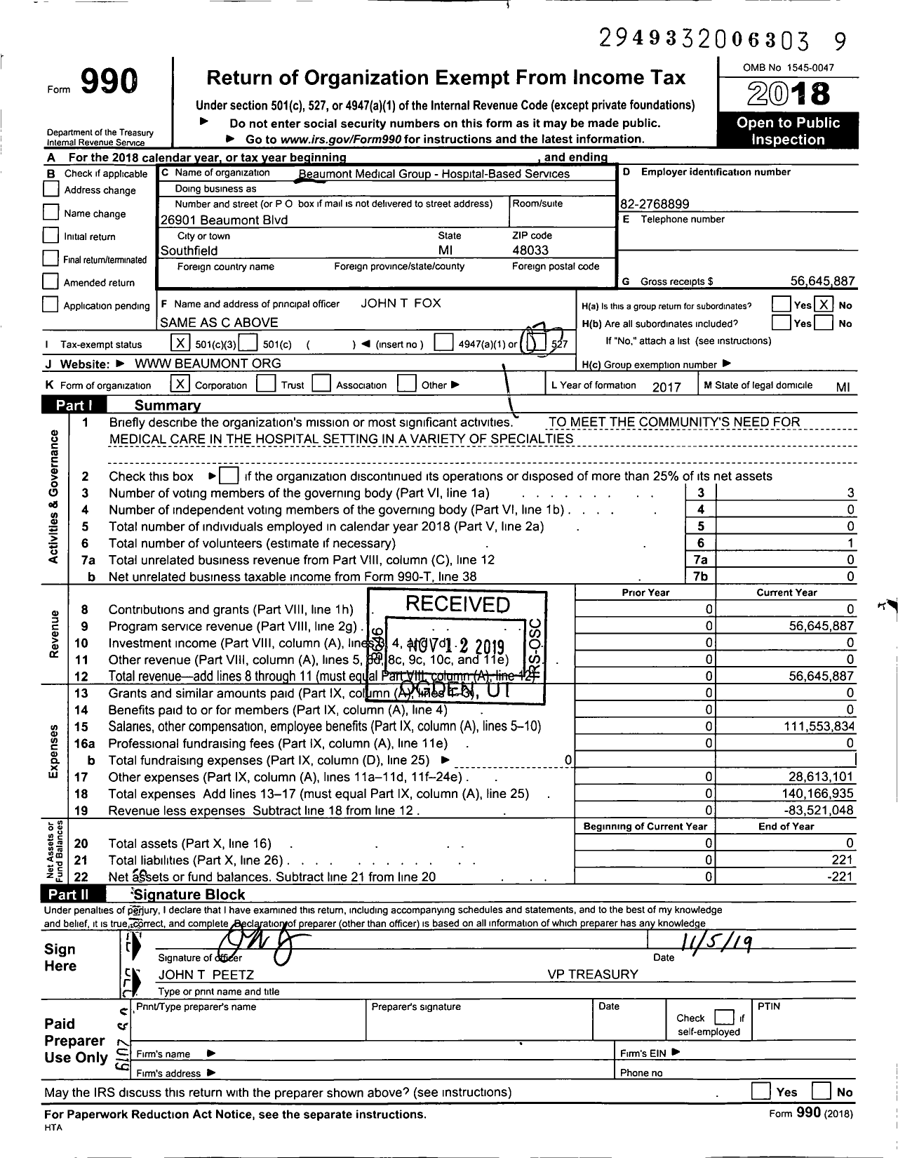 Image of first page of 2018 Form 990 for Beaumont Medical Group - Hospital-Based Services