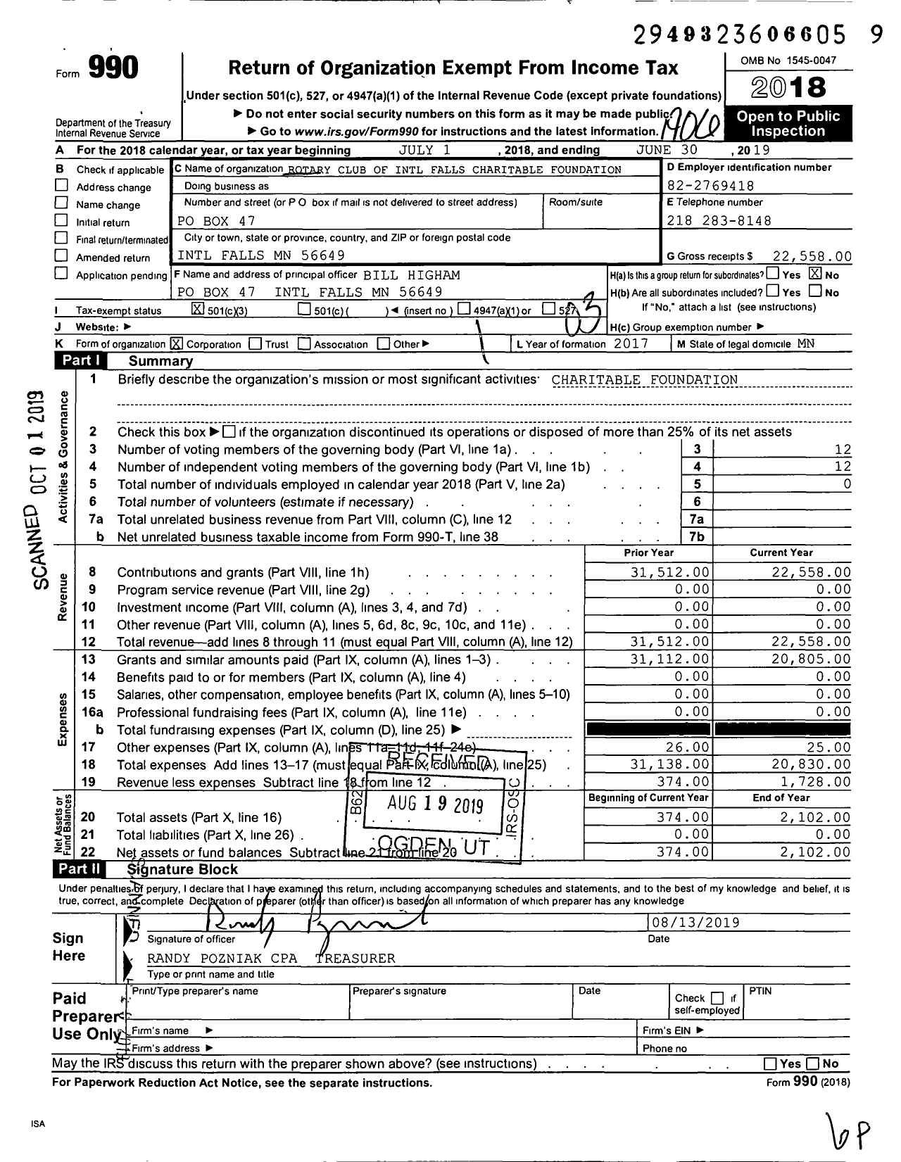 Image of first page of 2018 Form 990 for Rotary Club of International Falls Charitable Foundation