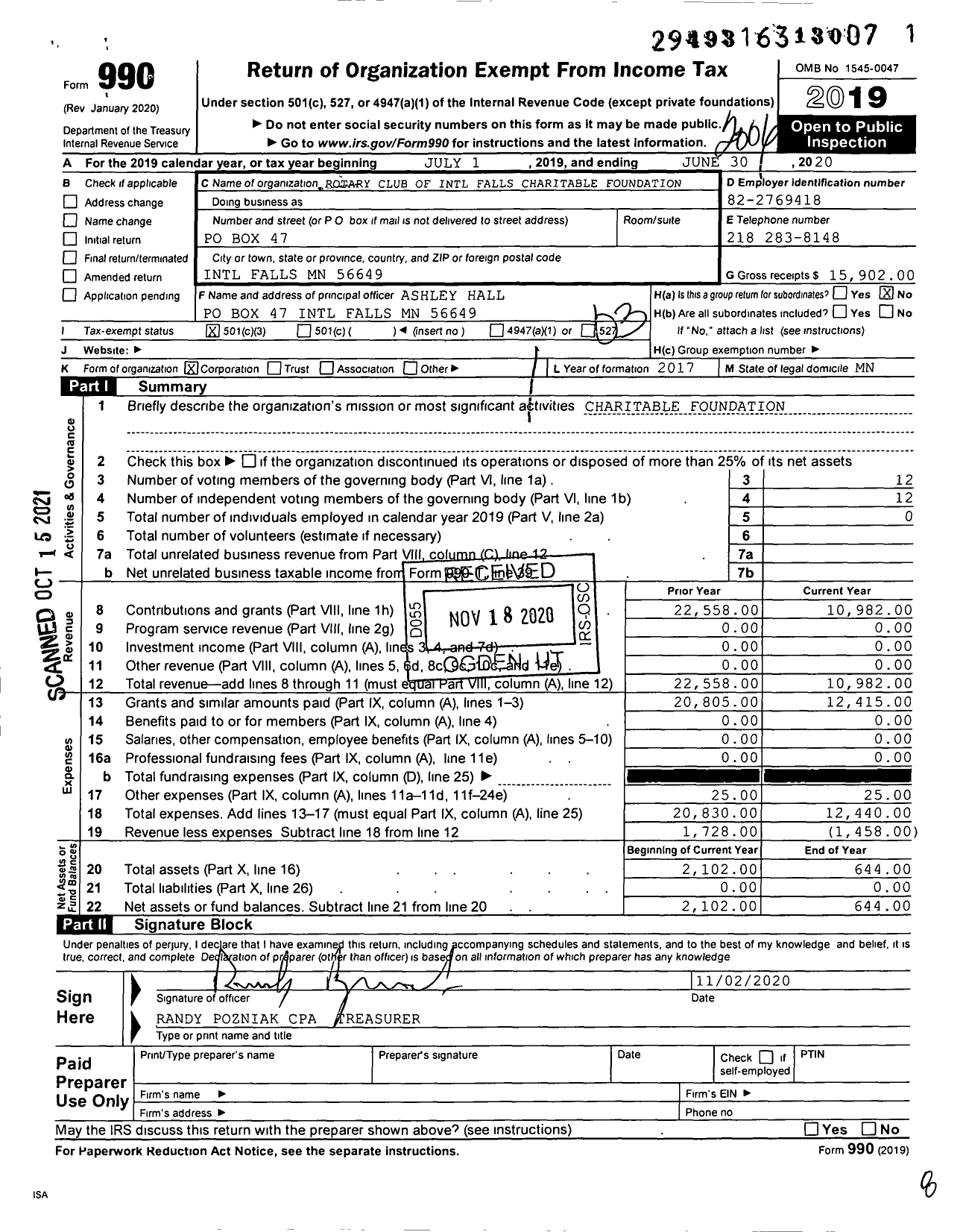 Image of first page of 2019 Form 990 for Rotary Club of International Falls Charitable Foundation