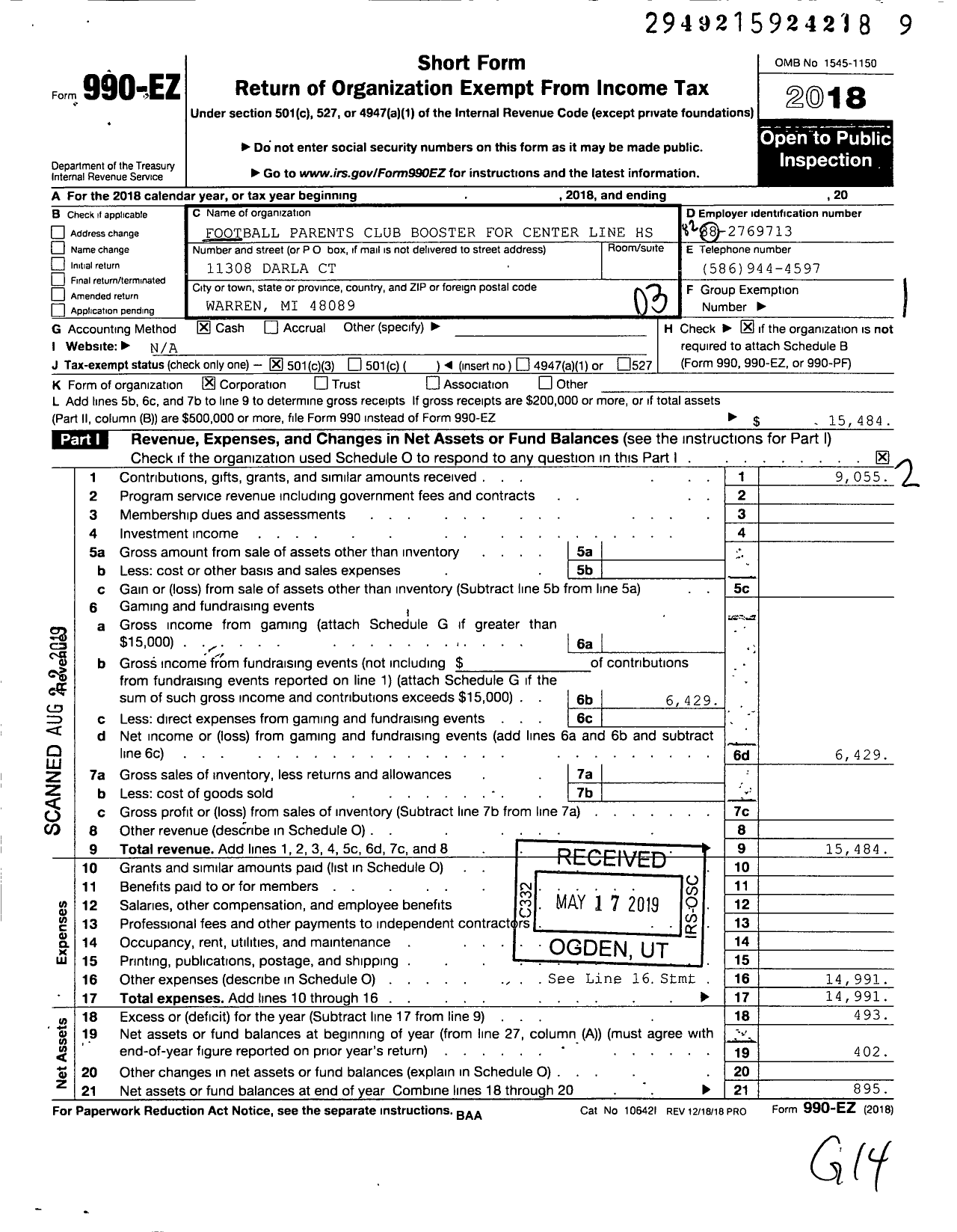 Image of first page of 2018 Form 990EZ for Football Parents Club Booster for Center Line HS