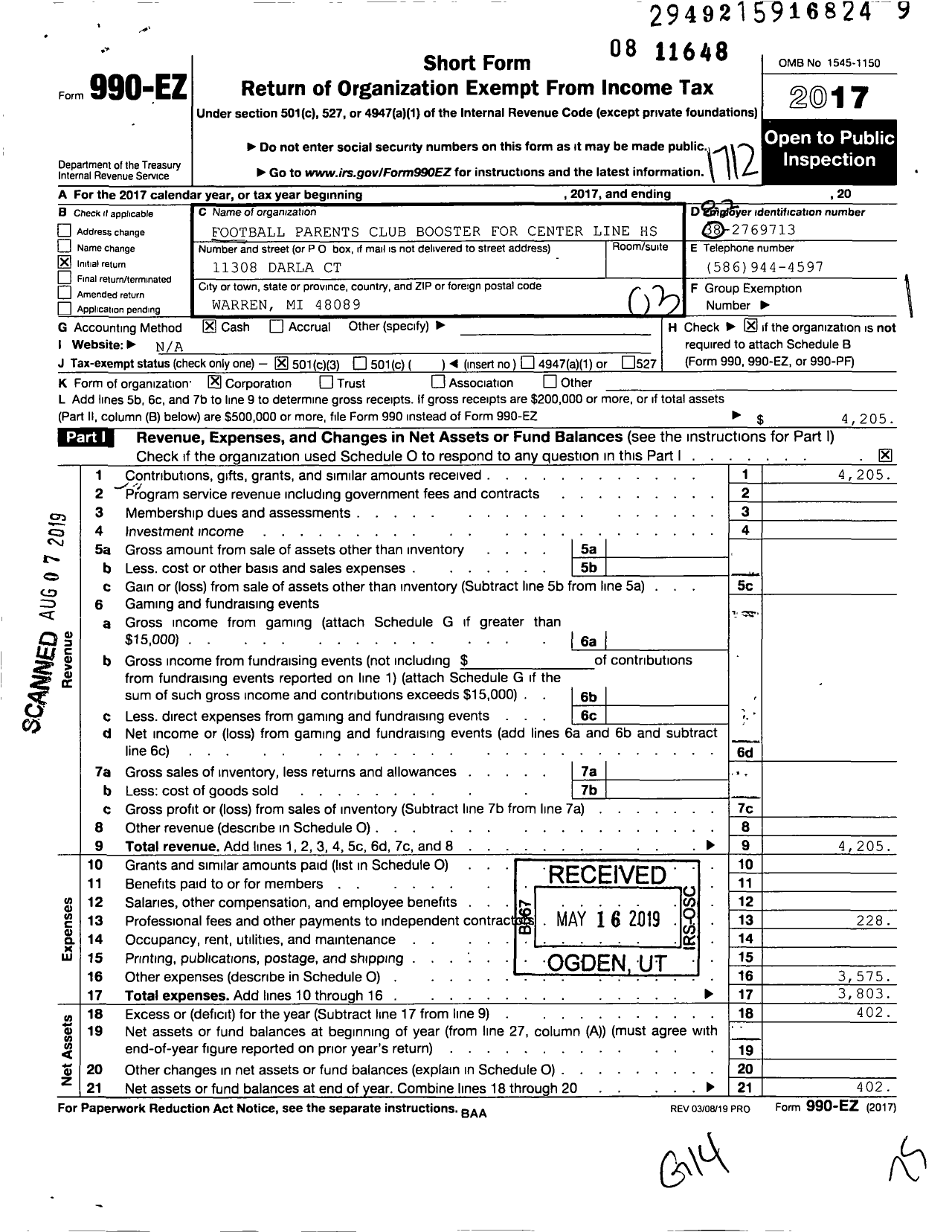 Image of first page of 2017 Form 990EZ for Football Parents Club Booster for Center Line HS