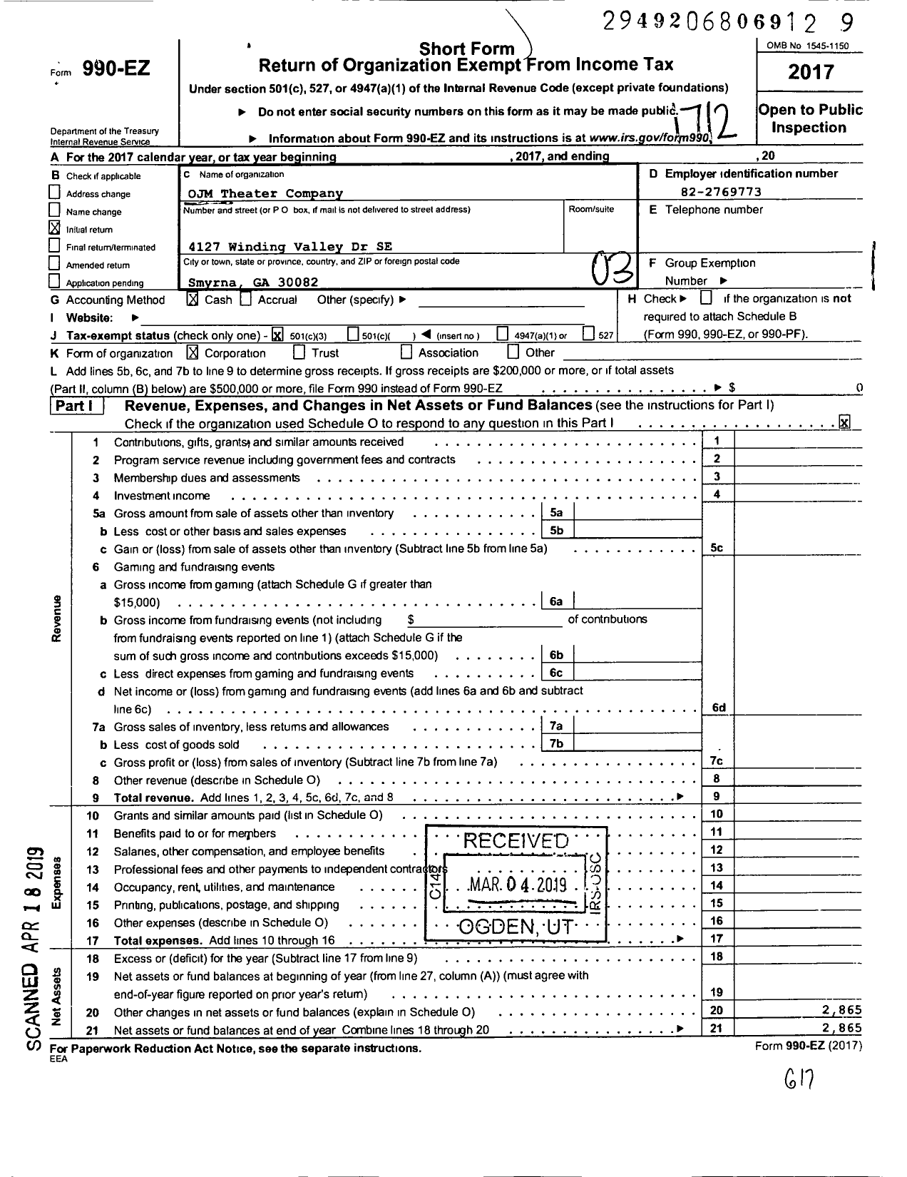 Image of first page of 2017 Form 990EZ for Ojm Theater Company