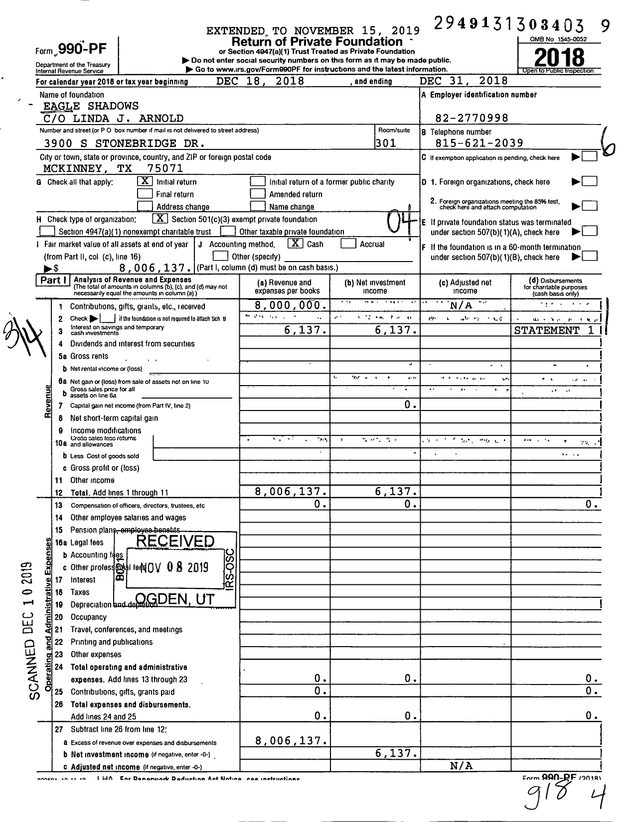 Image of first page of 2018 Form 990PF for Eagle Shadows