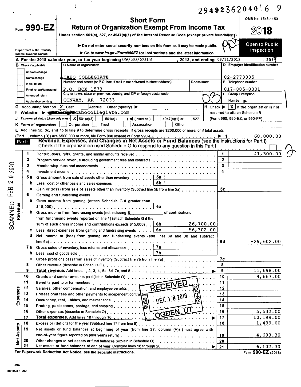 Image of first page of 2018 Form 990EZ for Cabo Collegiate