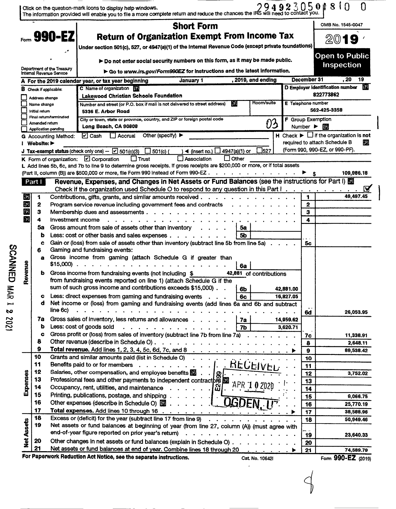 Image of first page of 2019 Form 990EZ for Lakewood Christian Schools Foundation