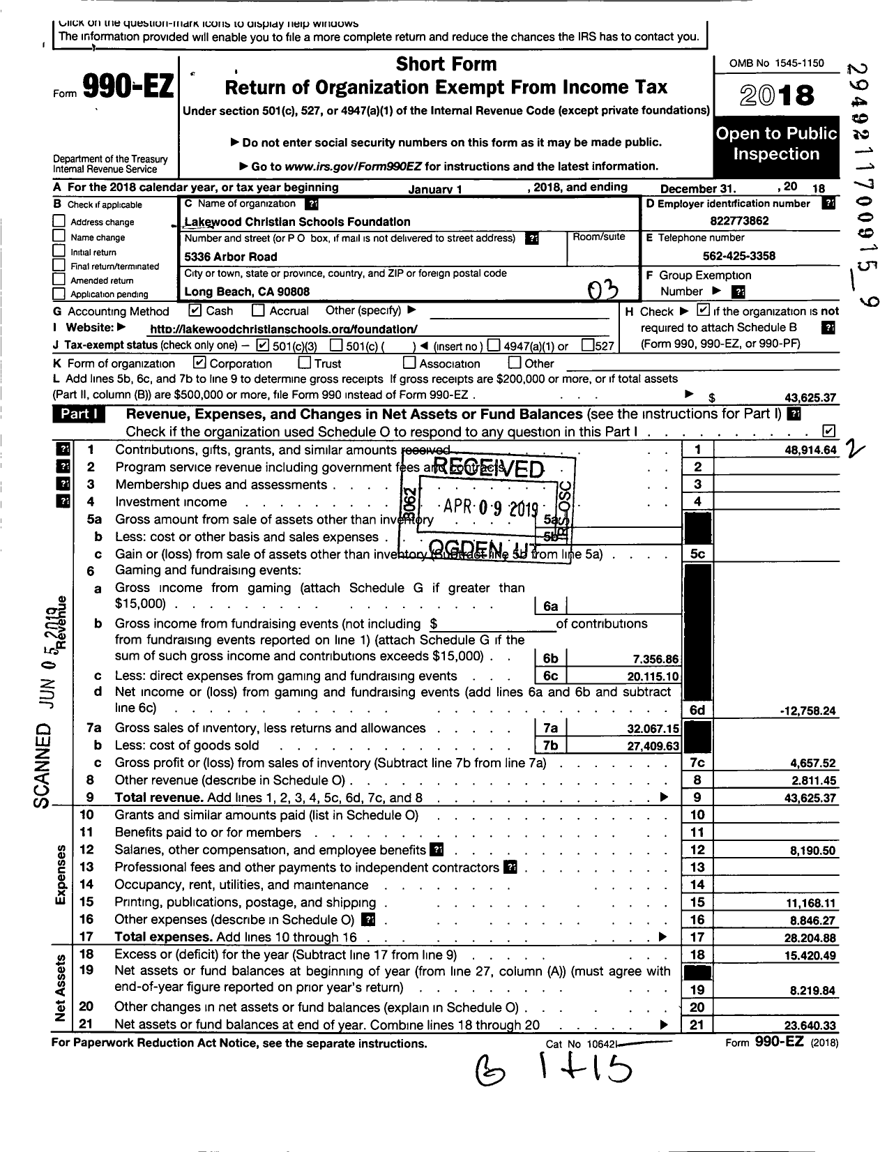 Image of first page of 2018 Form 990EZ for Lakewood Christian Schools Foundation