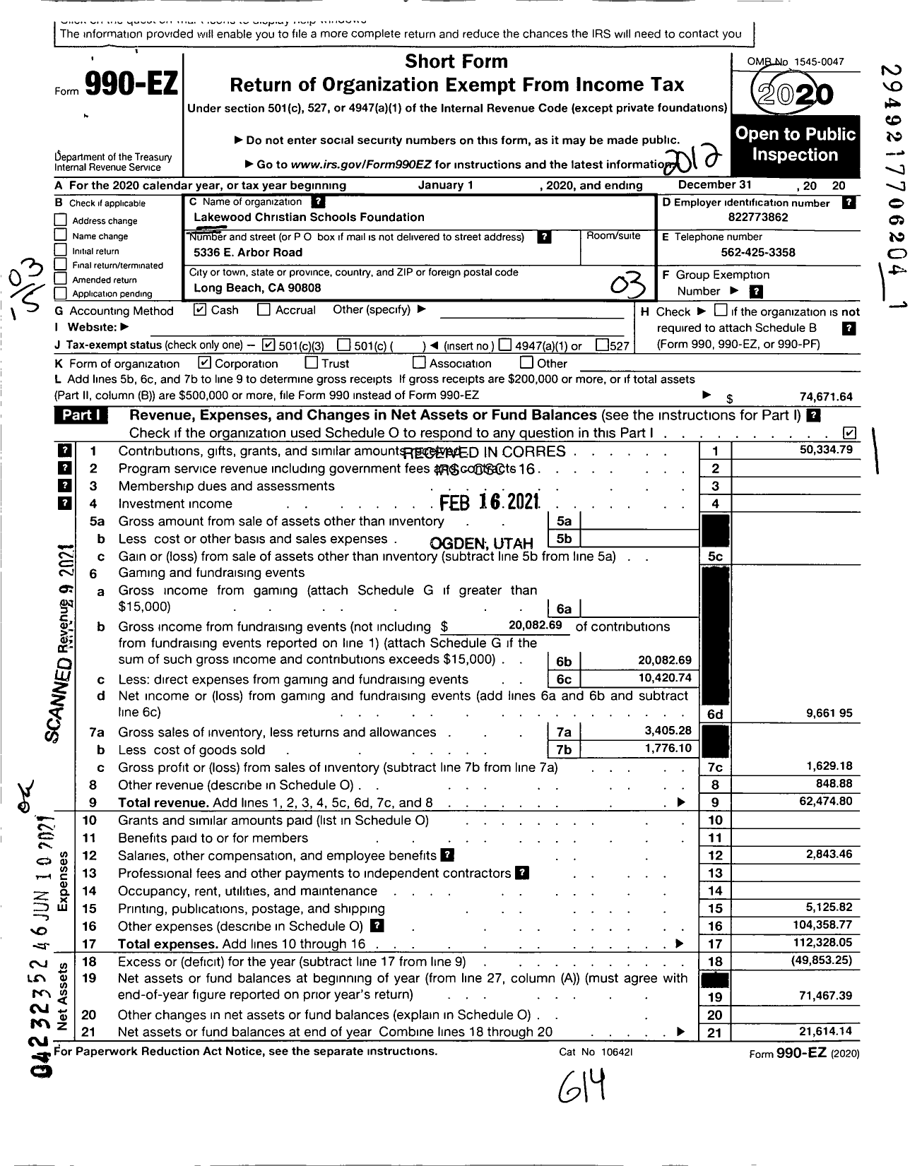 Image of first page of 2020 Form 990EZ for Lakewood Christian Schools Foundation