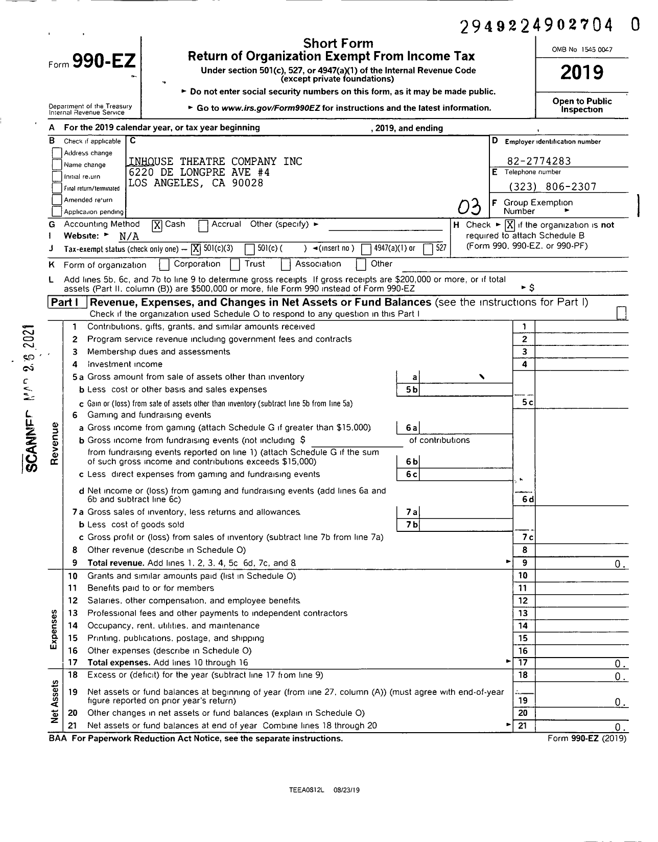 Image of first page of 2019 Form 990EZ for Inhouse Theatre Company