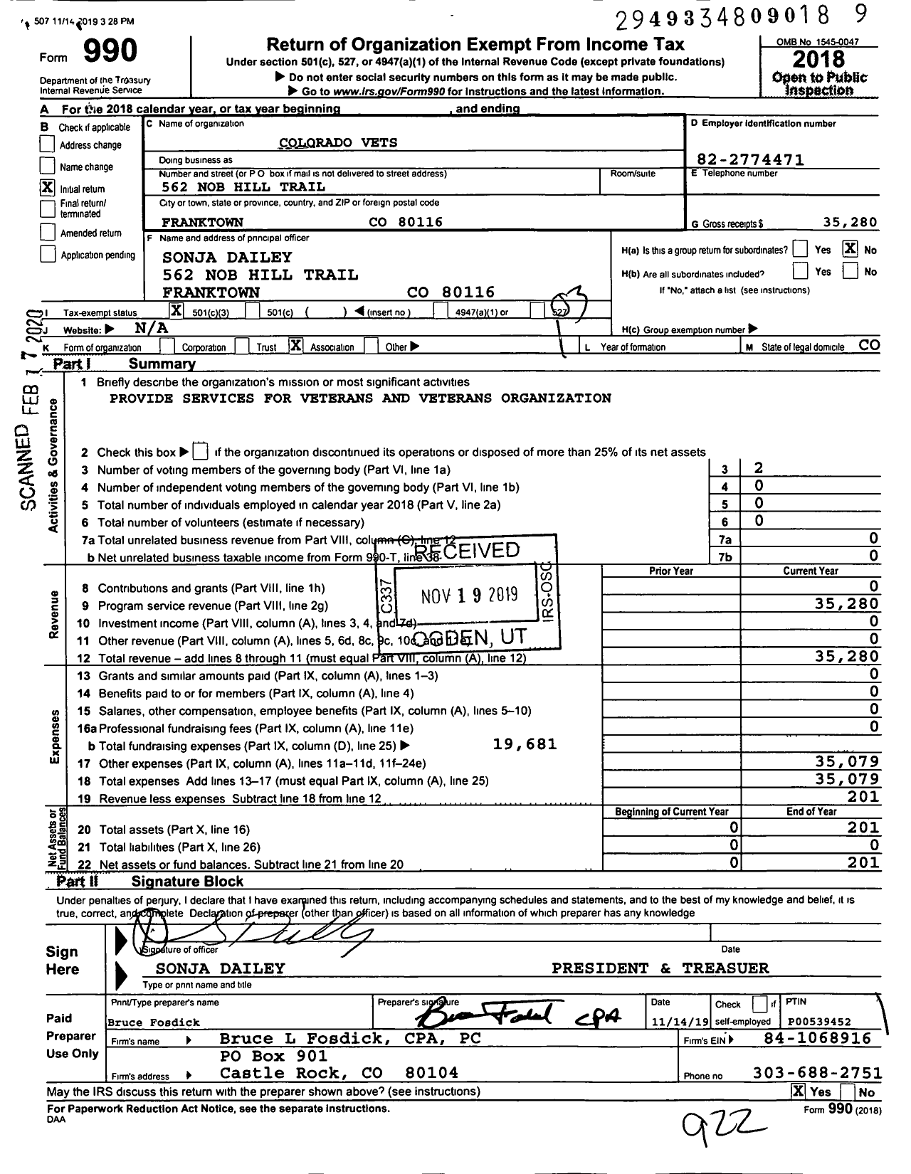 Image of first page of 2018 Form 990 for Colorado Vets