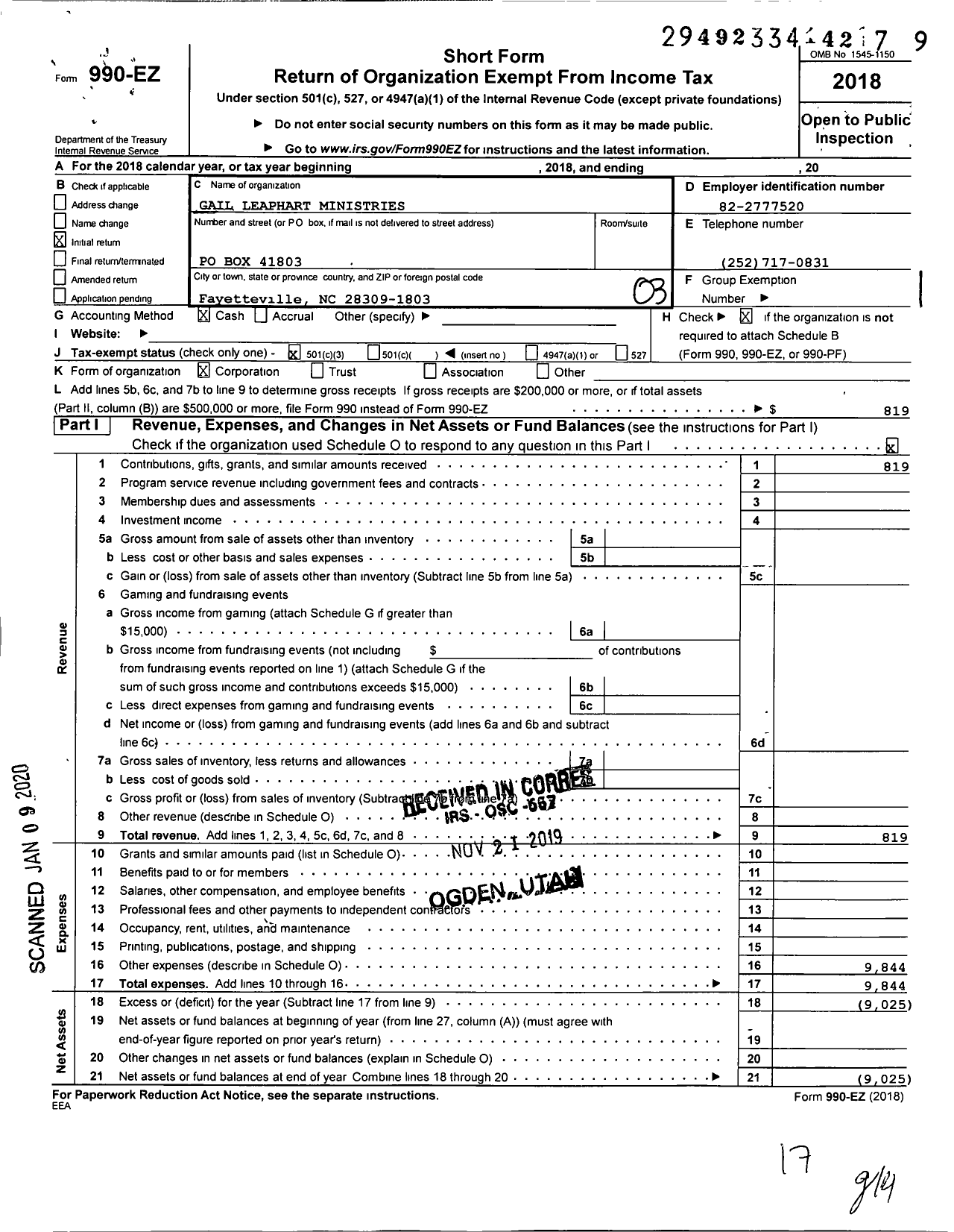 Image of first page of 2018 Form 990EZ for Gail Leaphart Ministries