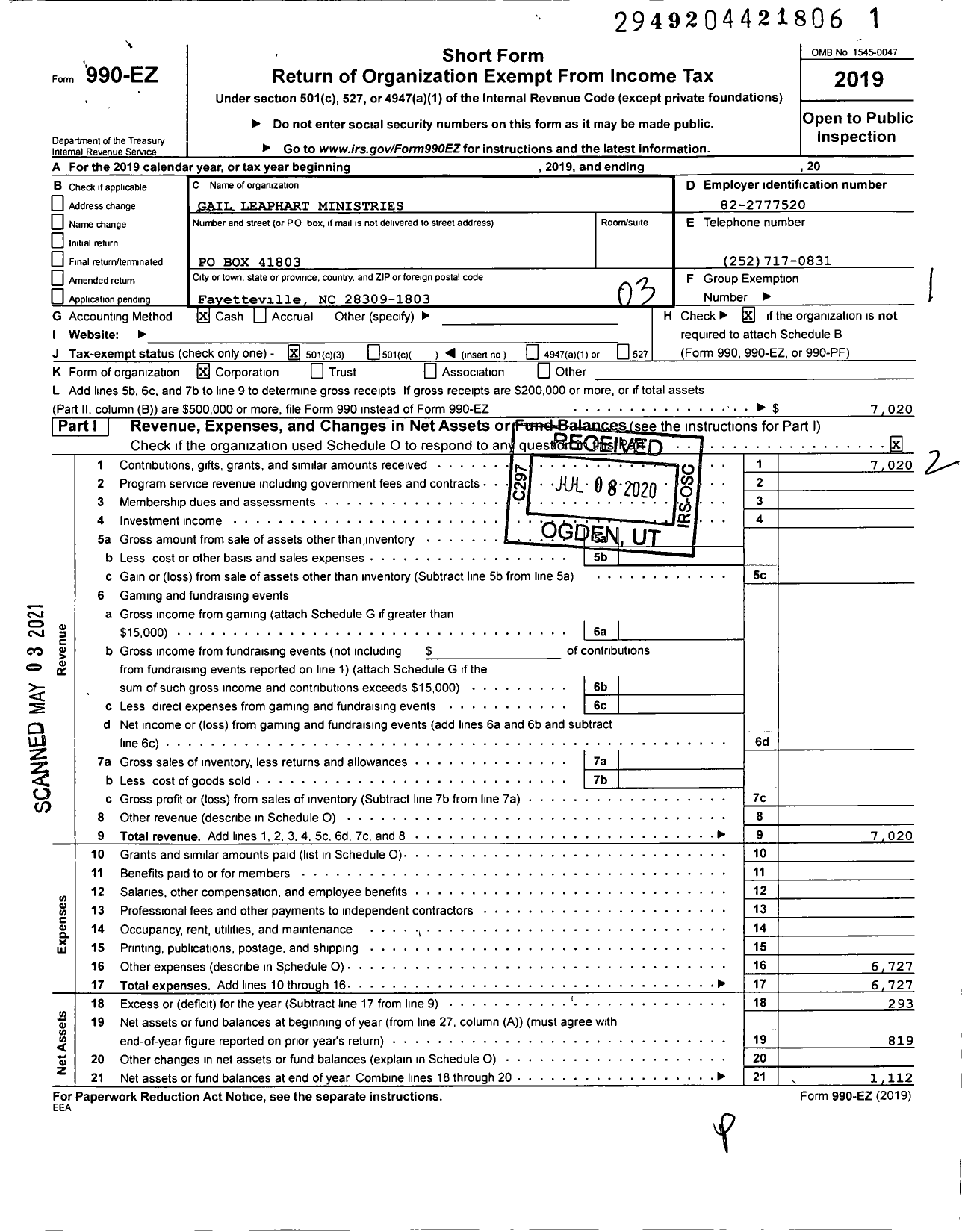 Image of first page of 2019 Form 990EZ for Gail Leaphart Ministries