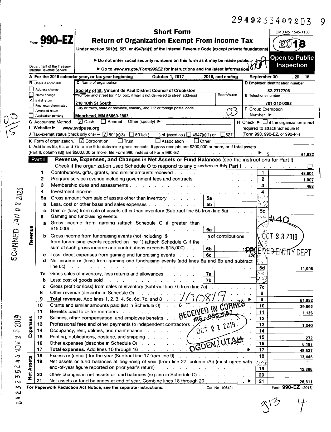 Image of first page of 2017 Form 990EZ for SOCIETY OF ST VINCENT DE PAUL Crookston District Council