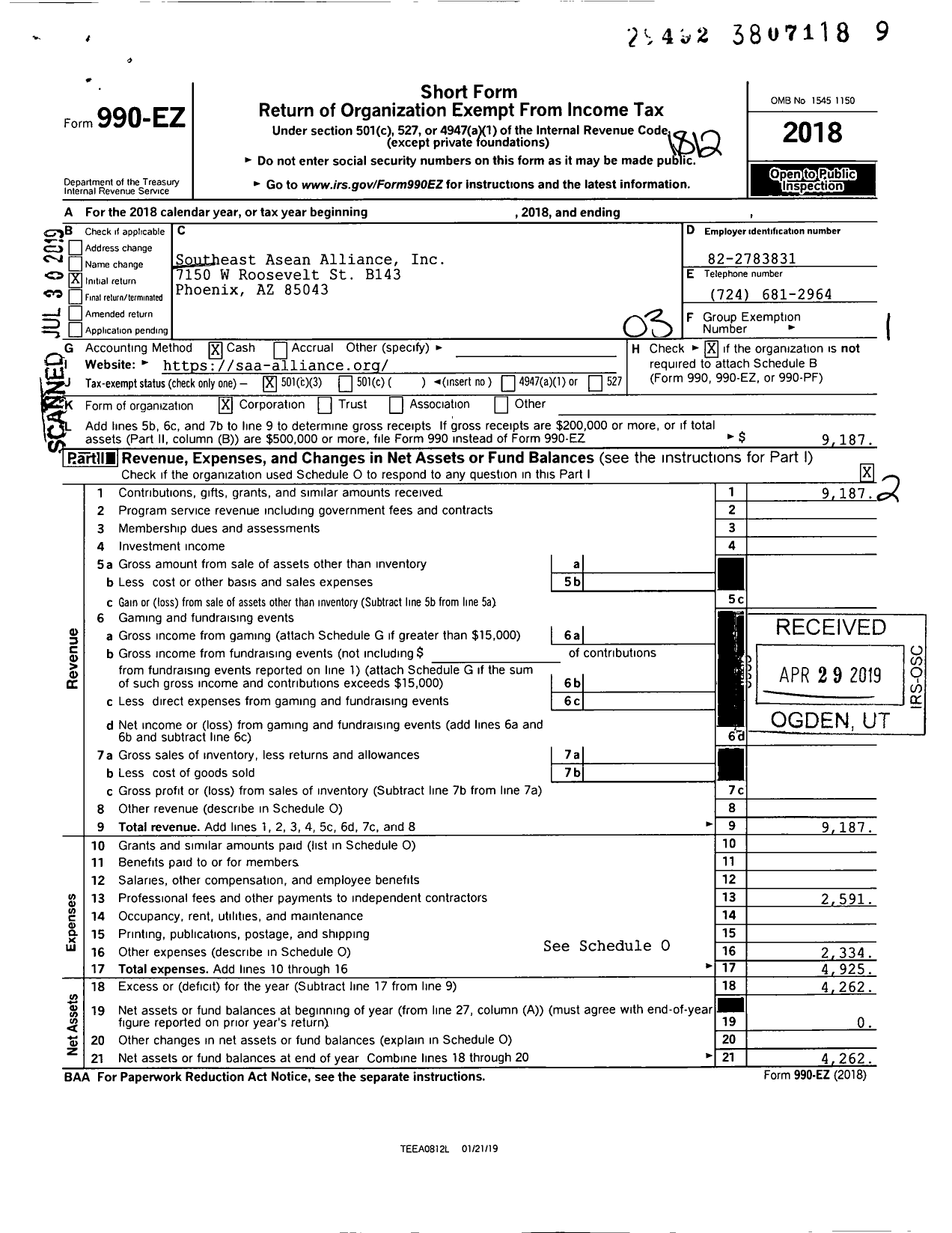 Image of first page of 2018 Form 990EZ for Southeast Asean Arts Alliance