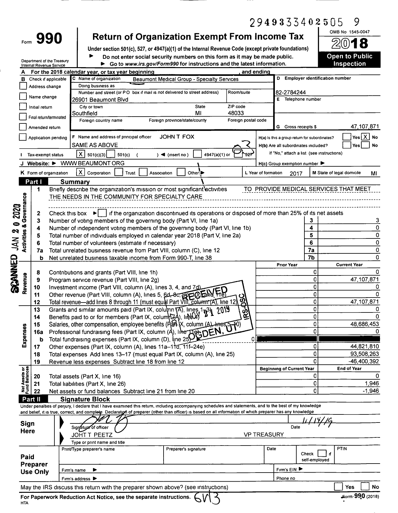 Image of first page of 2018 Form 990 for Beaumont Medical Group - Specialty Services