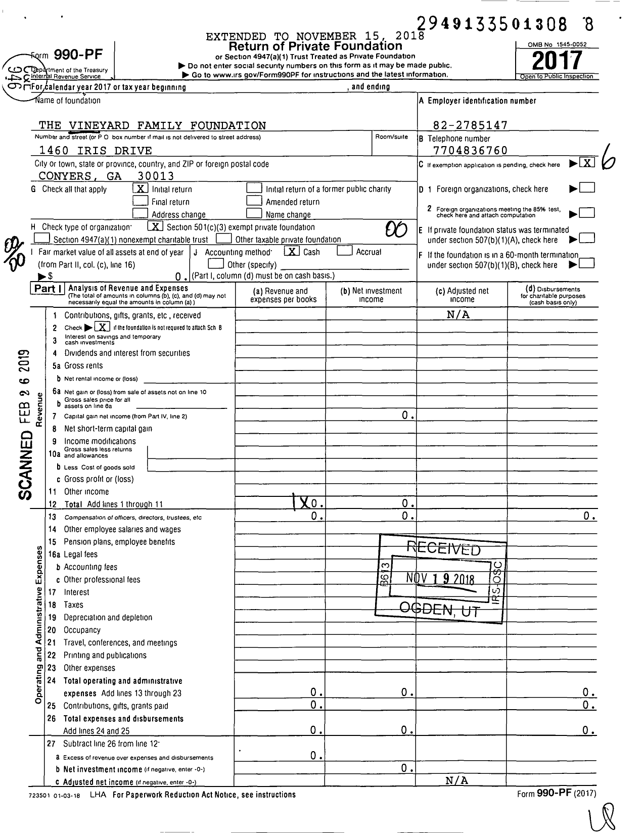 Image of first page of 2017 Form 990PF for Vineyard Family Foundation