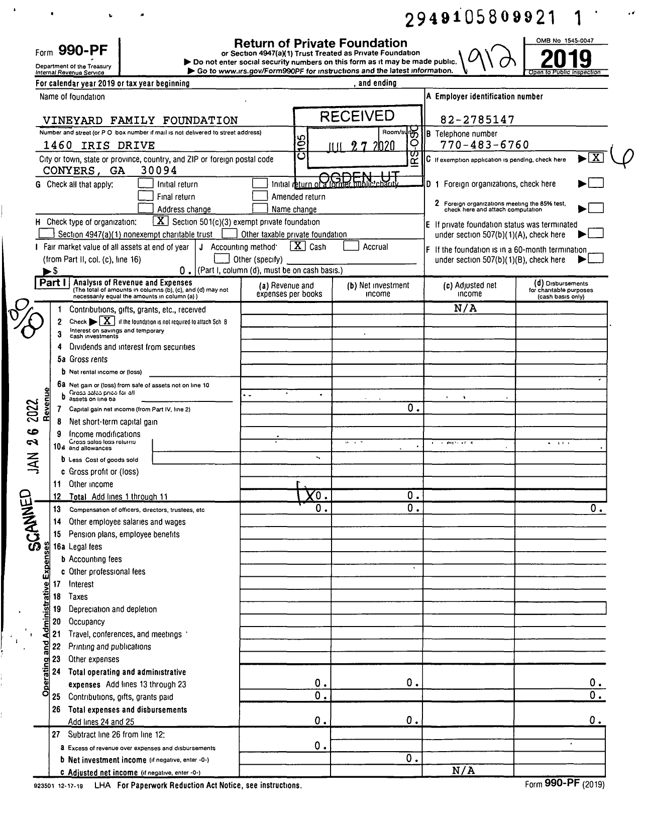 Image of first page of 2019 Form 990PF for Vineyard Family Foundation