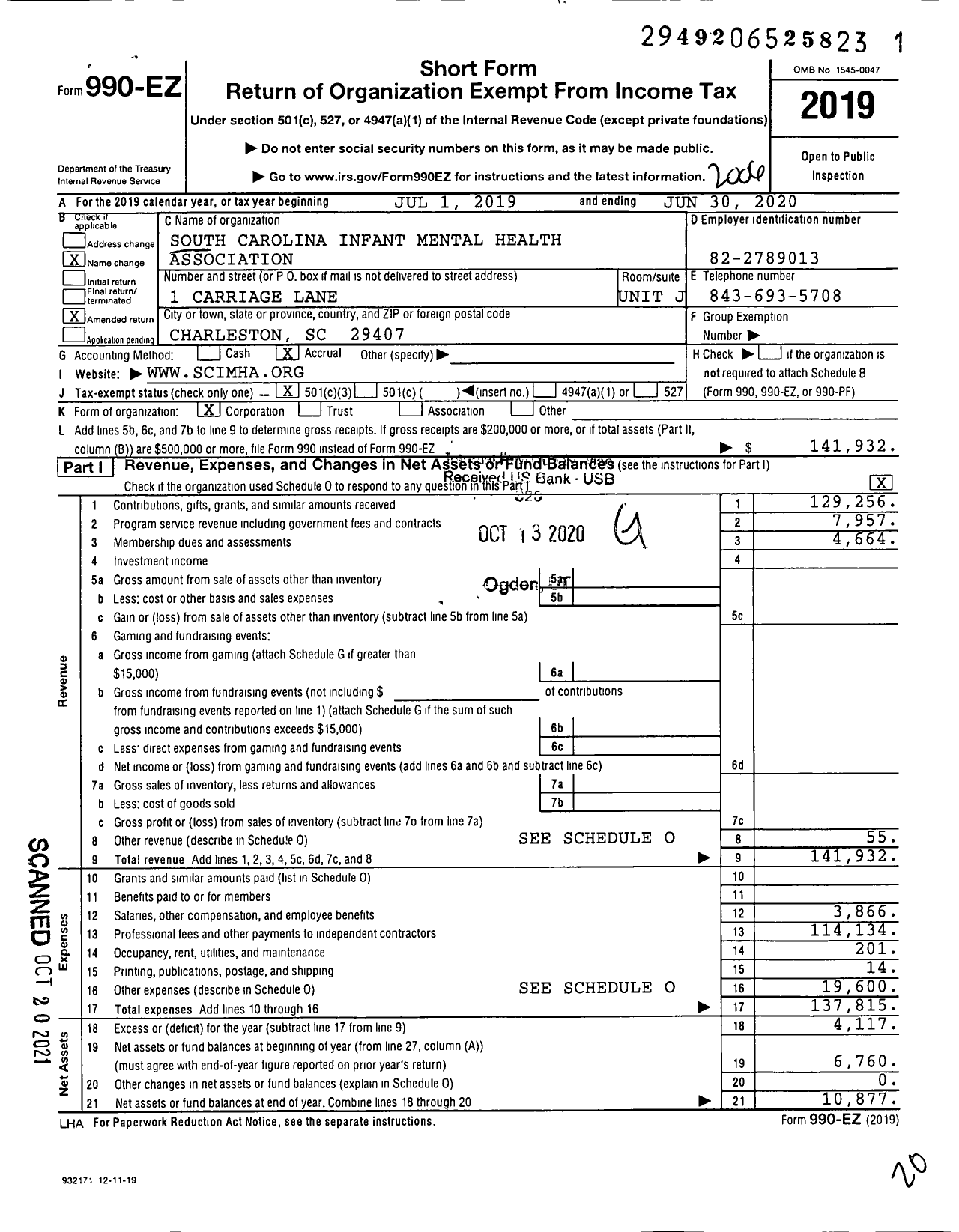 Image of first page of 2019 Form 990EZ for South Carolina Infant Mental Health Association