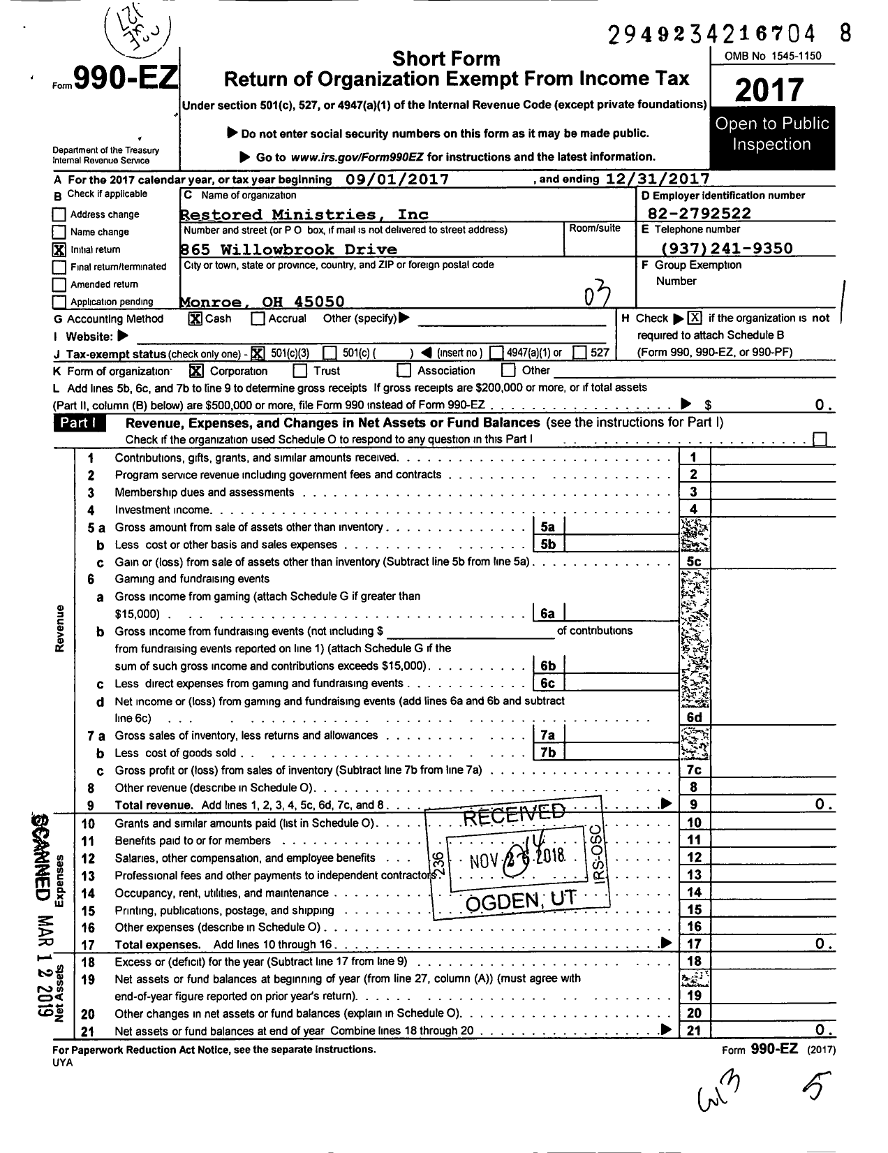 Image of first page of 2017 Form 990EZ for Restored Ministries