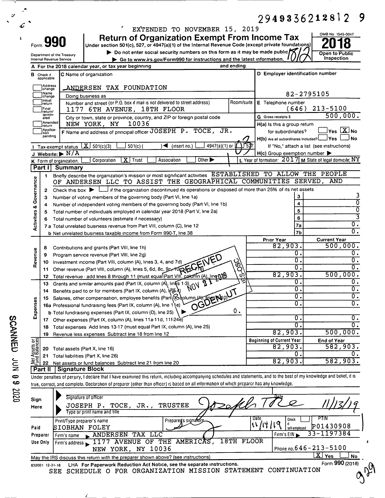 Image of first page of 2018 Form 990 for Andersen Foundation