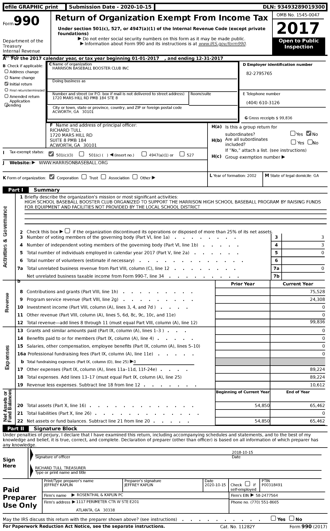 Image of first page of 2017 Form 990 for Harrison Baseball Booster Club