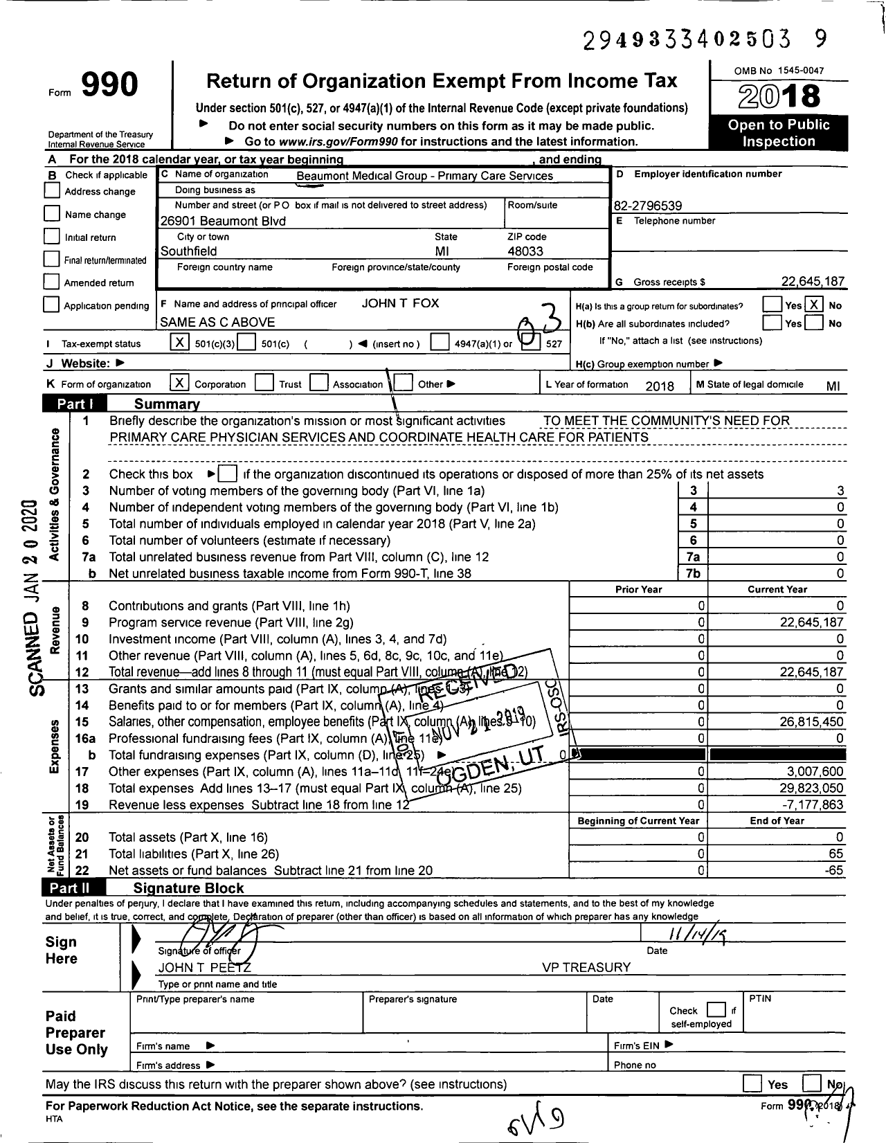 Image of first page of 2018 Form 990 for Beaumont Medical Group - Primary Care Services