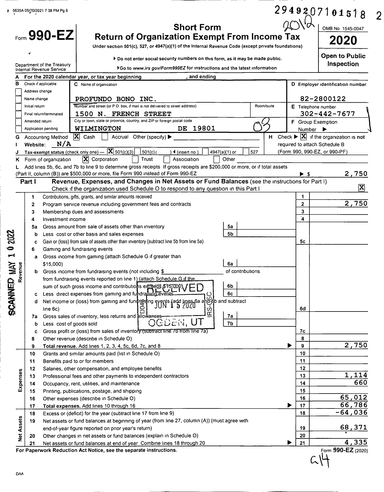 Image of first page of 2020 Form 990EZ for Profundo Bono