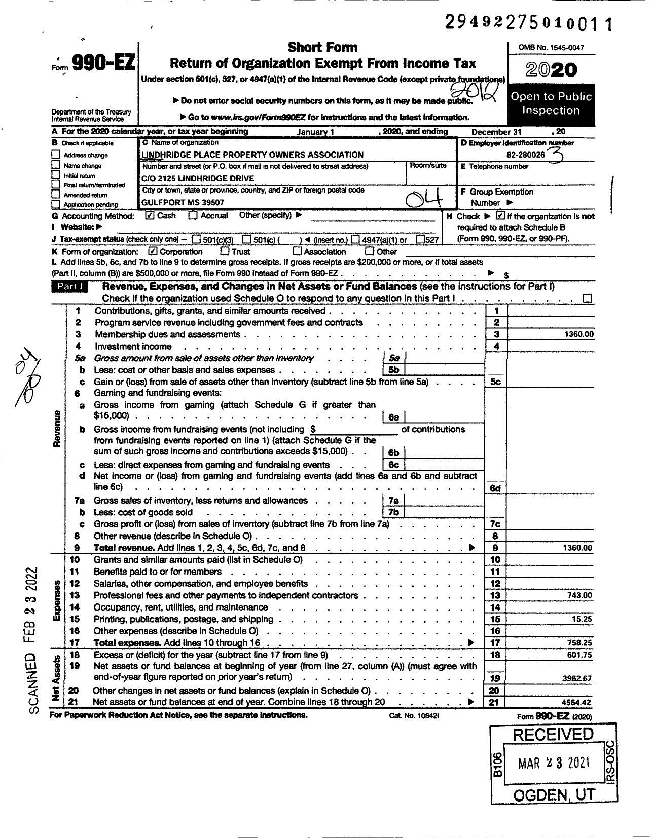 Image of first page of 2020 Form 990EO for Lindhridge Place Property Owners Association