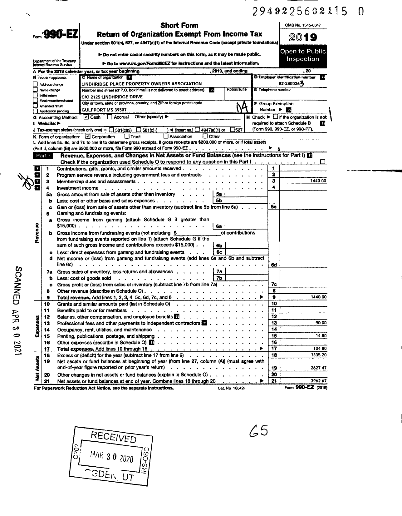 Image of first page of 2019 Form 990EO for Lindhridge Place Property Owners Association