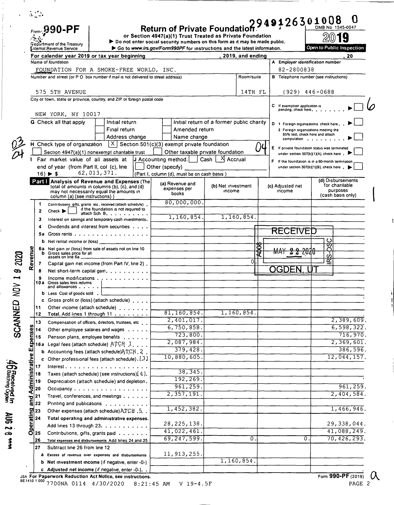 Image of first page of 2019 Form 990PF for Global Action to End Smoking