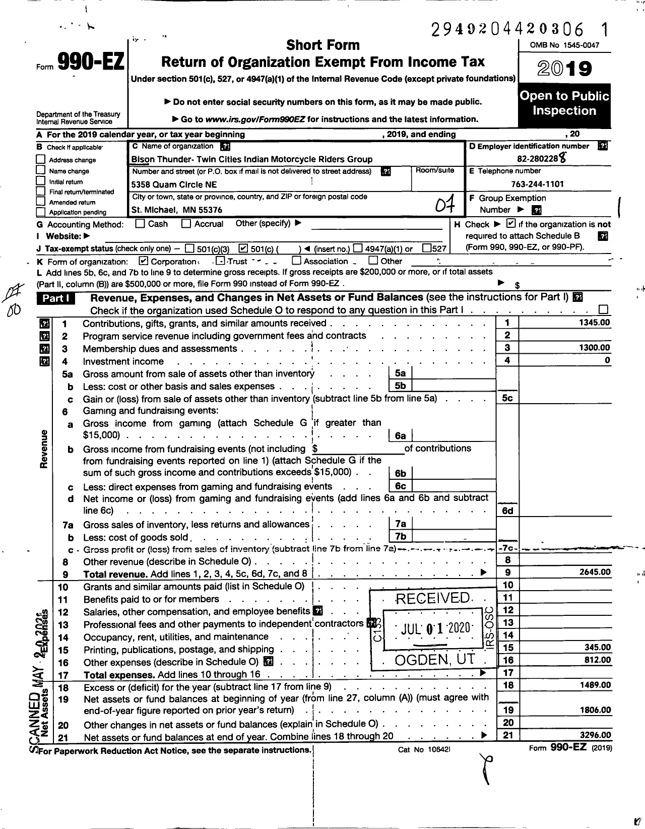 Image of first page of 2019 Form 990EO for Twin Cities Indian Motorcycle Riders Group