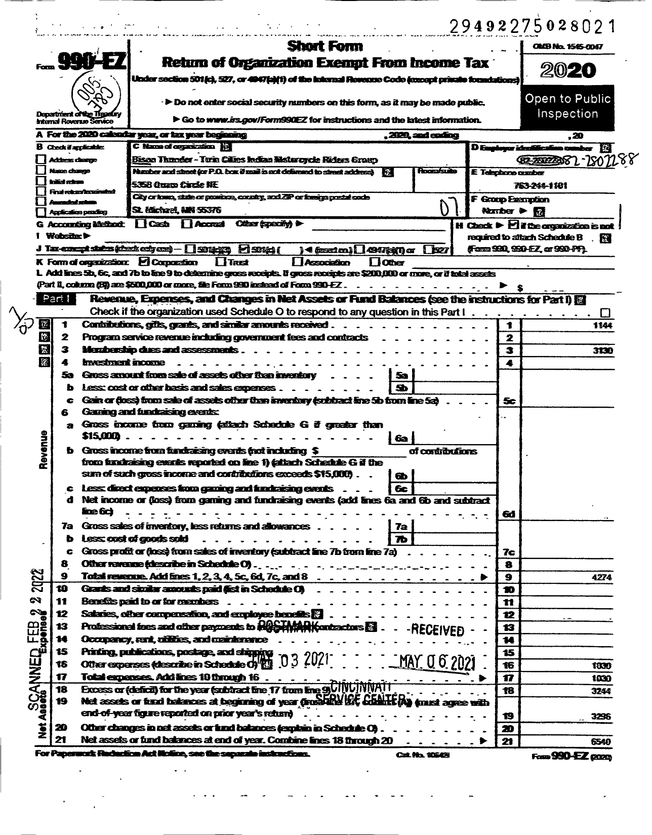 Image of first page of 2020 Form 990EO for Twin Cities Indian Motorcycle Riders Group