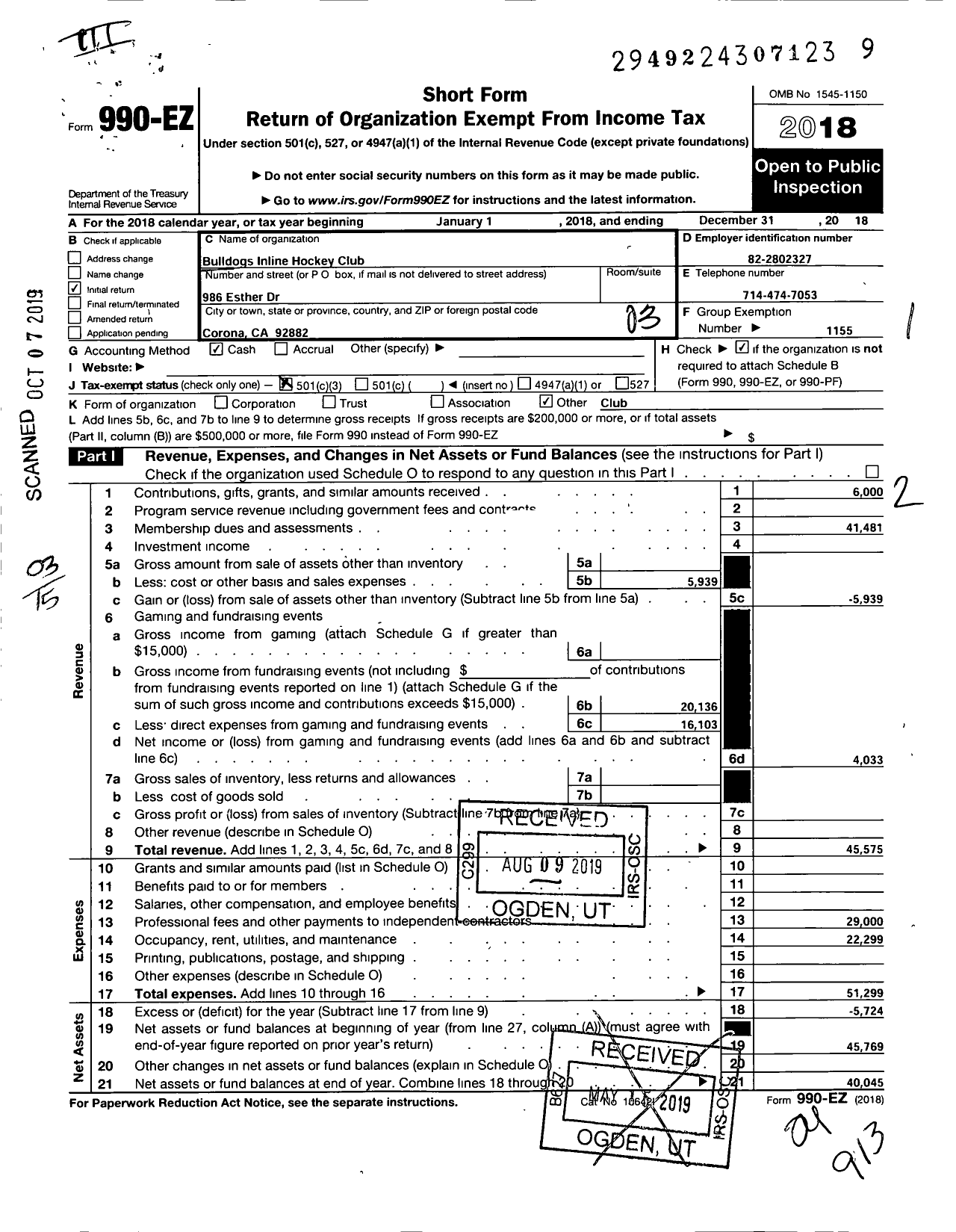 Image of first page of 2018 Form 990EZ for Amateur Athletic Union - Bulldogs Inline Hockey Club