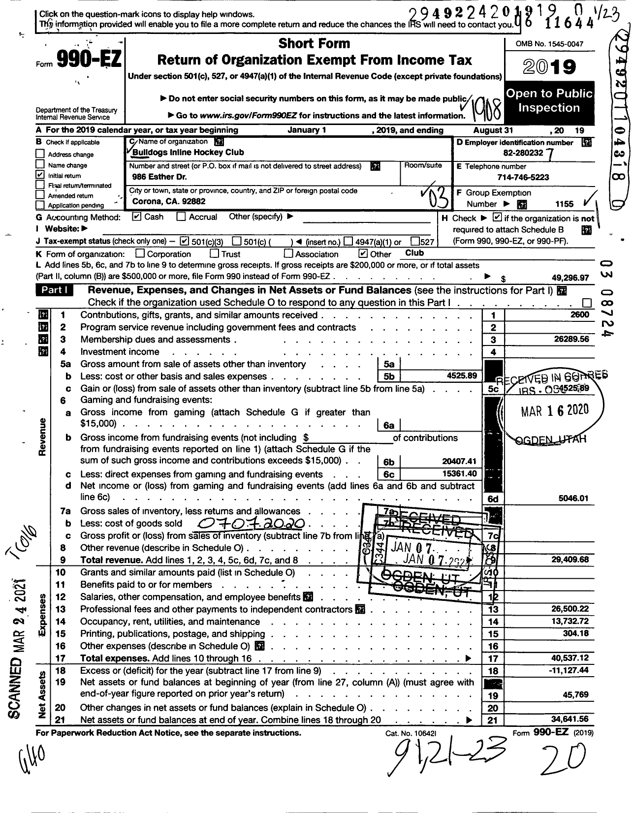 Image of first page of 2018 Form 990EZ for Amateur Athletic Union - Bulldogs Inline Hockey Club