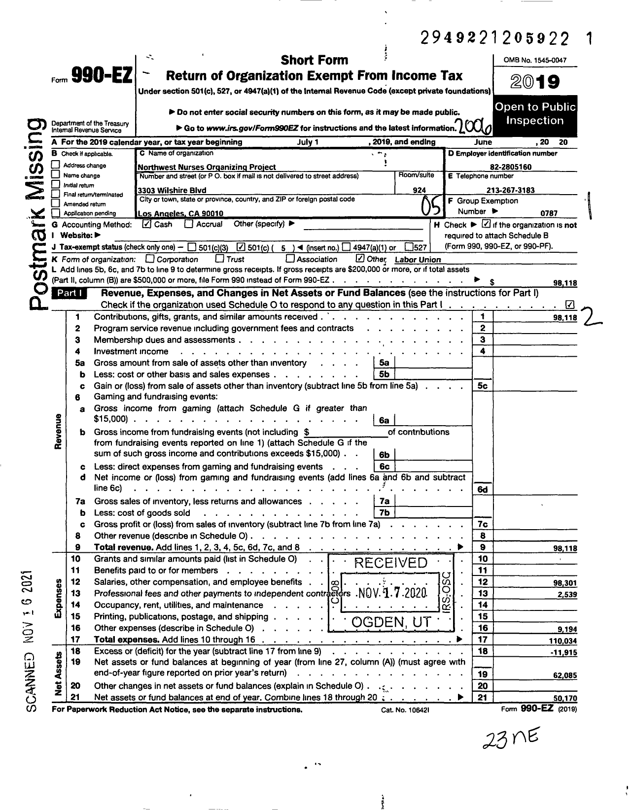 Image of first page of 2019 Form 990EO for American Federation of Teachers - Northwest Nurses Project