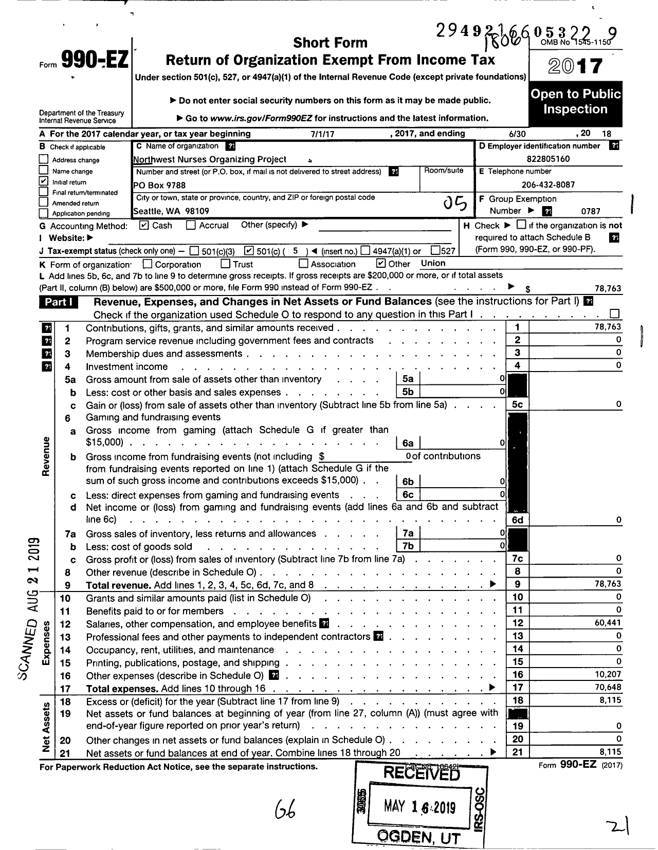 Image of first page of 2017 Form 990EO for American Federation of Teachers - Northwest Nurses Project