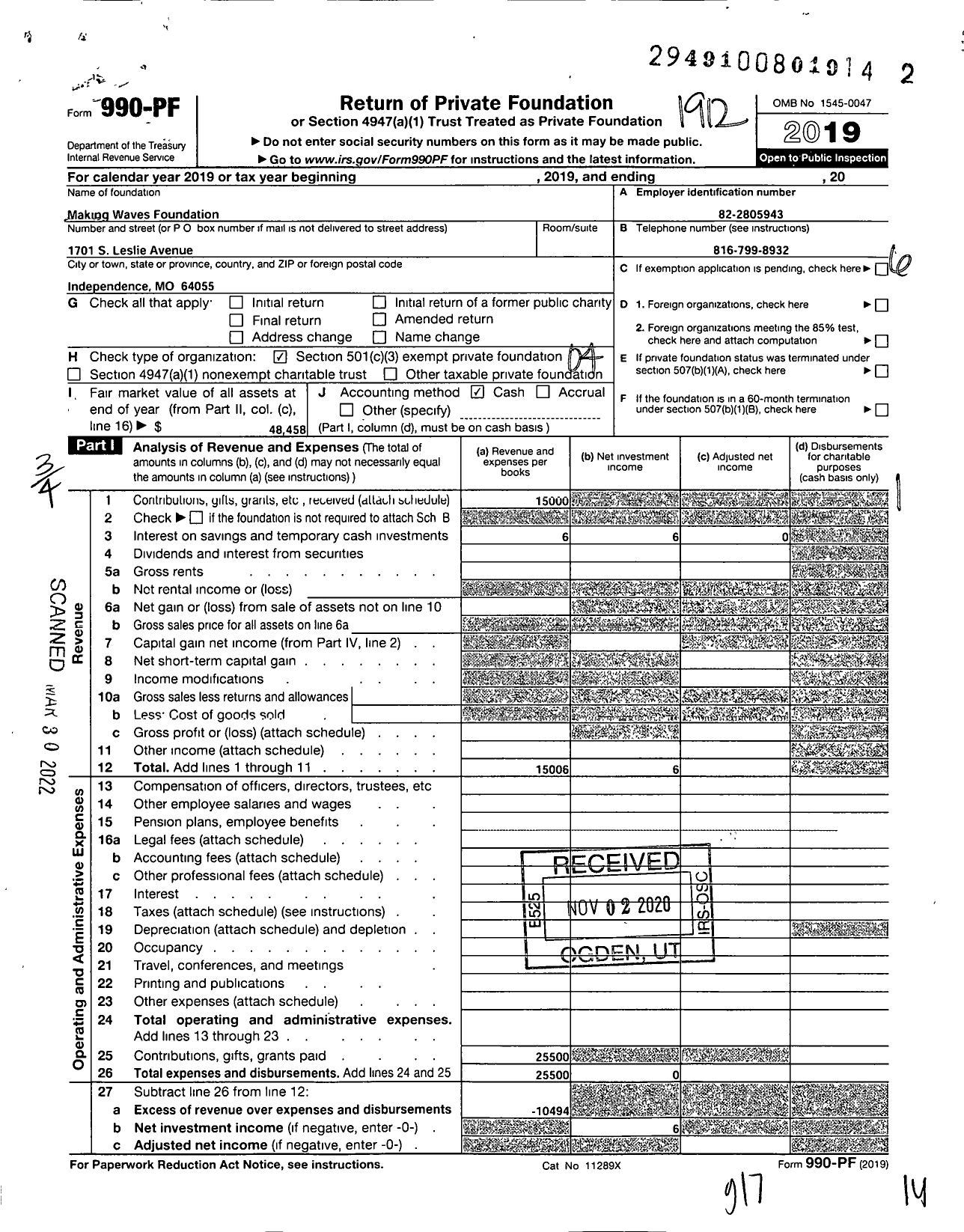 Image of first page of 2019 Form 990PF for Making Waves Foundation